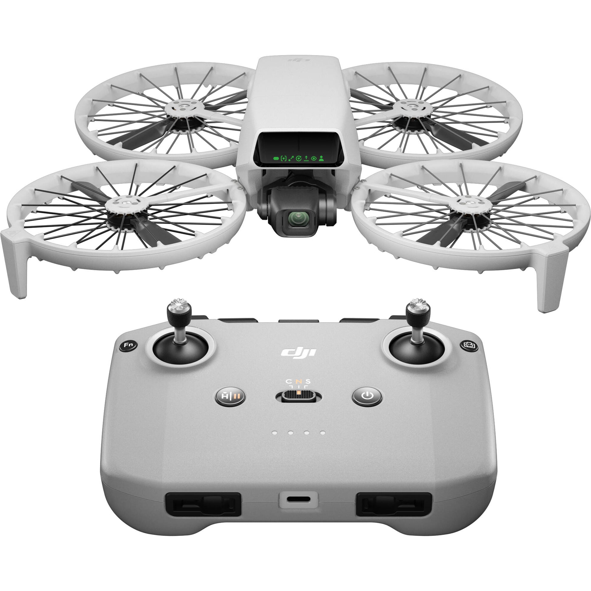 A black DJI RC-N3 drone remote controller is displayed, featuring two joysticks and a retractable smartphone mount on top.