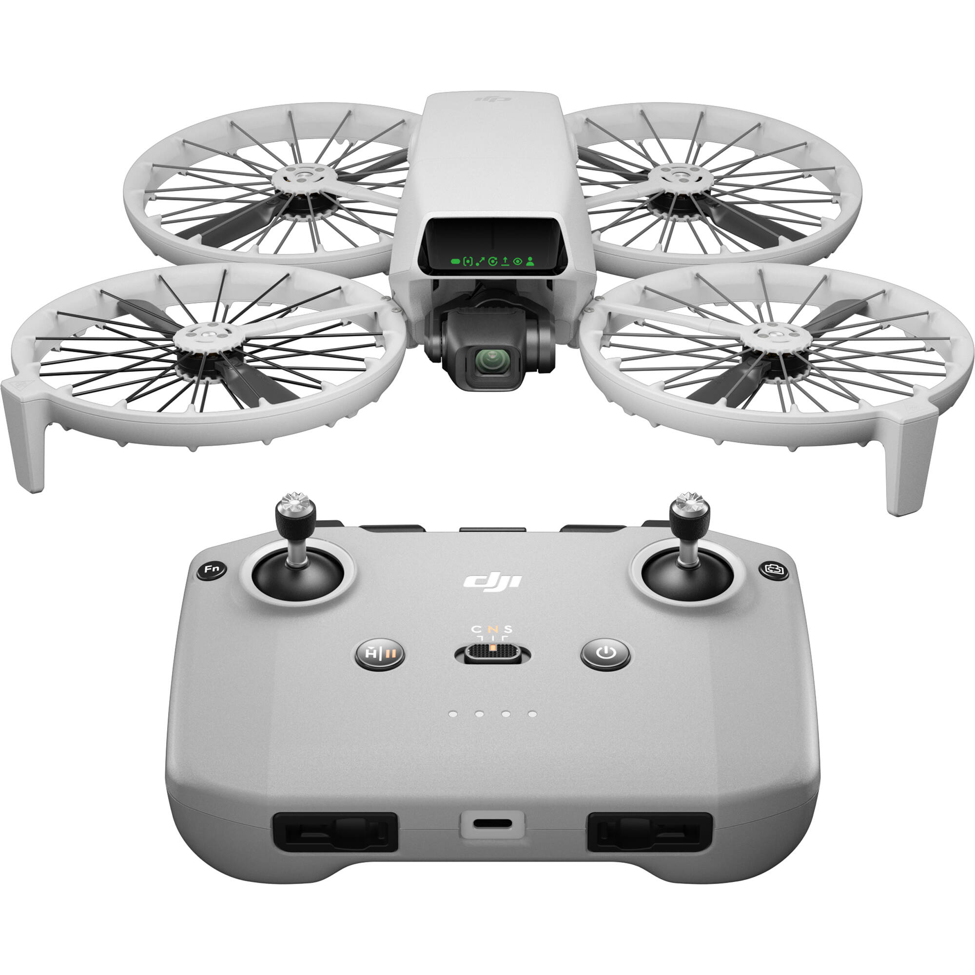 A black DJI RC-N3 drone remote controller is displayed, featuring two joysticks and a retractable smartphone mount on top.