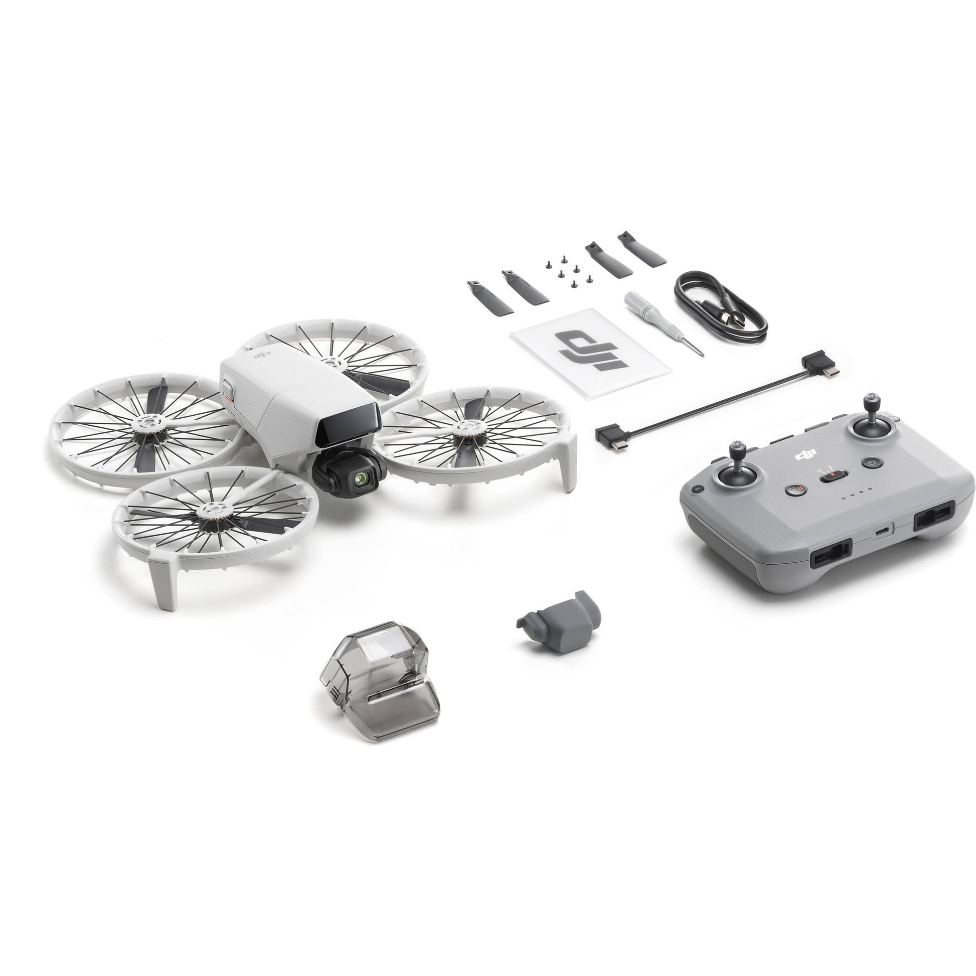 A black DJI RC-N3 drone remote controller is displayed, featuring two joysticks and a retractable smartphone mount on top.