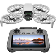Drone with four propellers and a remote control device on a white background