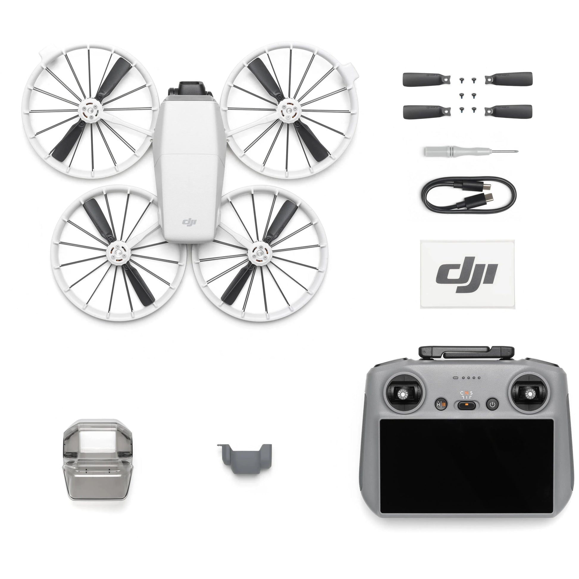 DJI drone and accessories on a white background