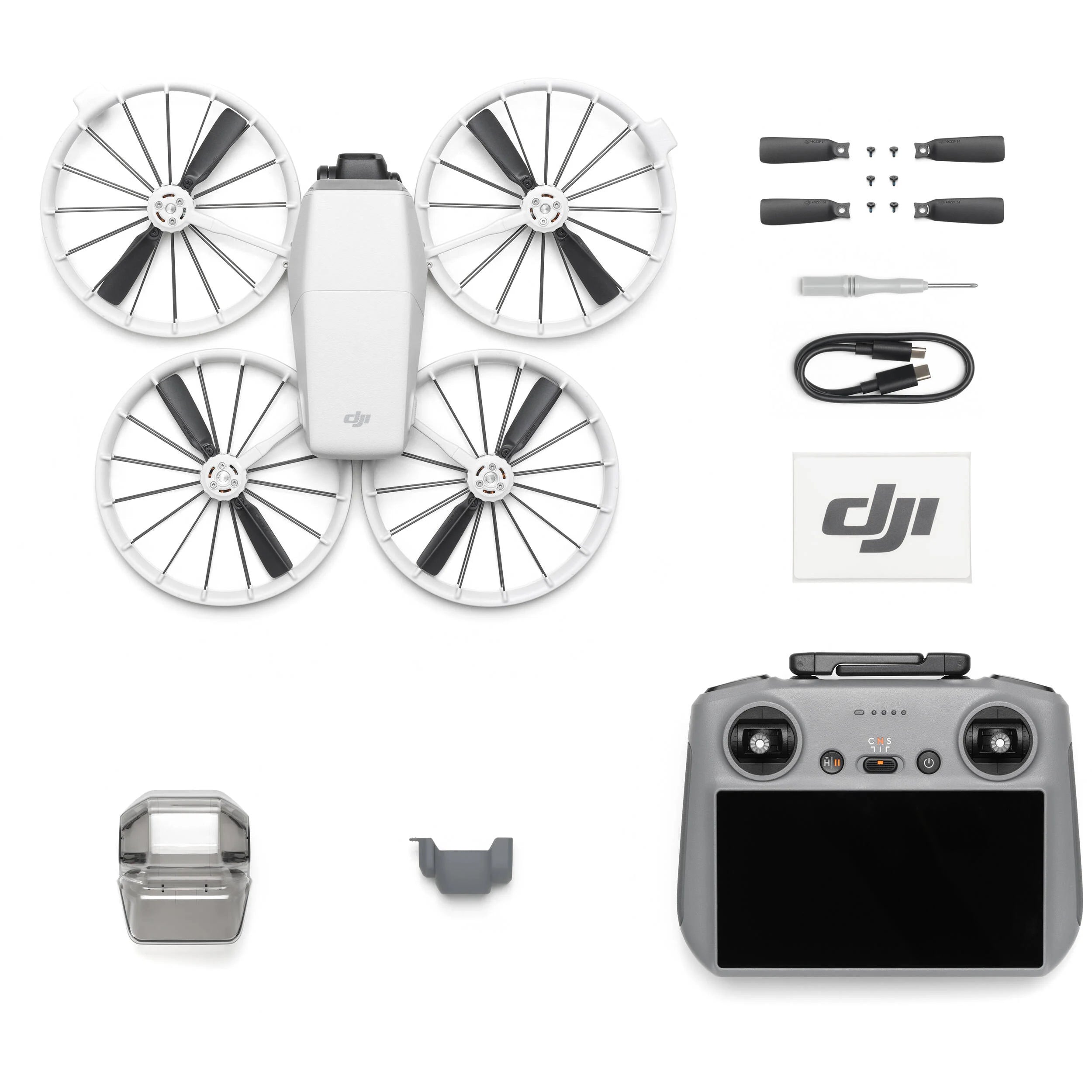 DJI drone and accessories on a white background