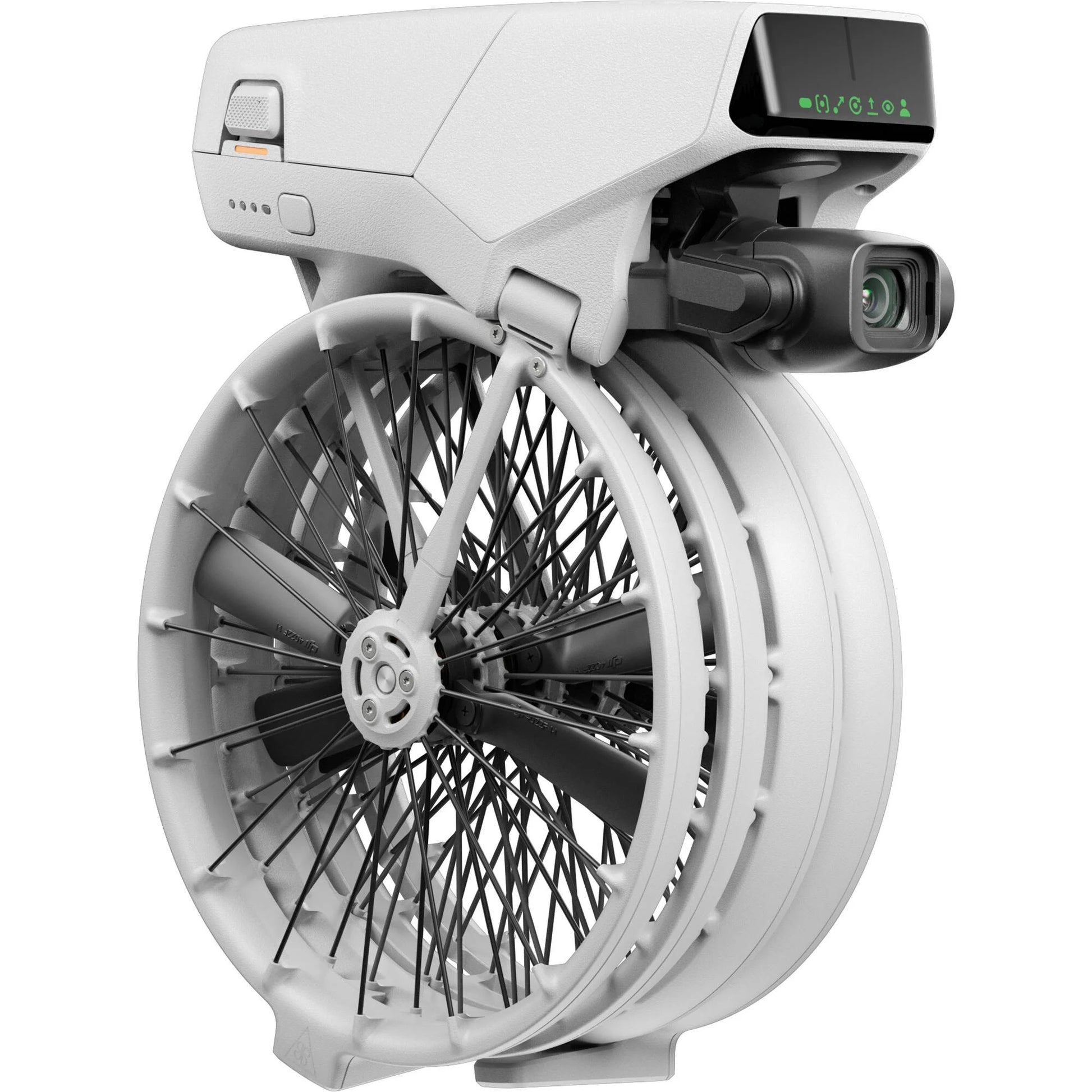 White electric bike wheel with electronic components on a white background