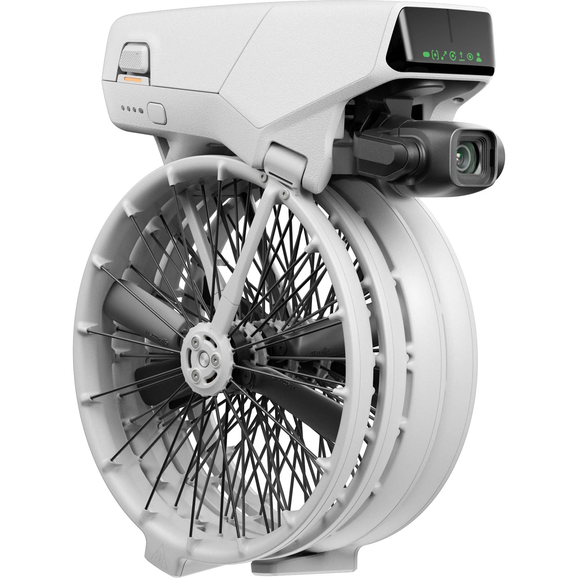White electric bike wheel with electronic components on a white background