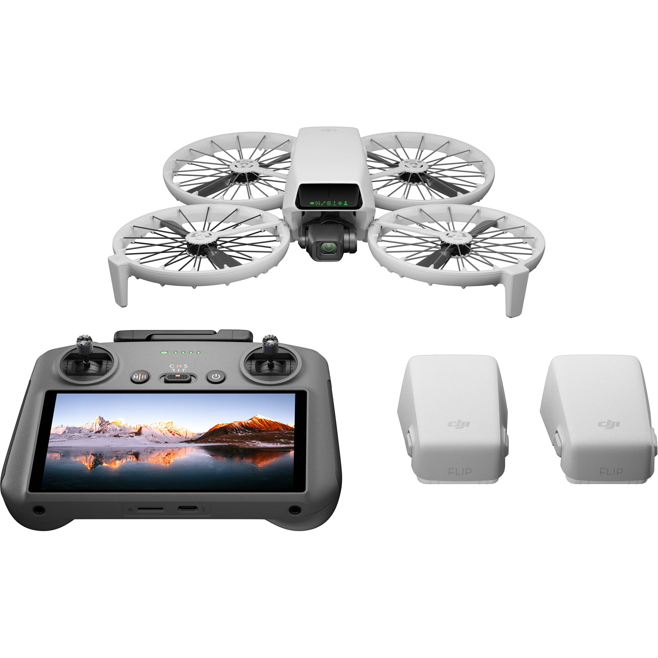 Drone with remote control and accessories on a white background