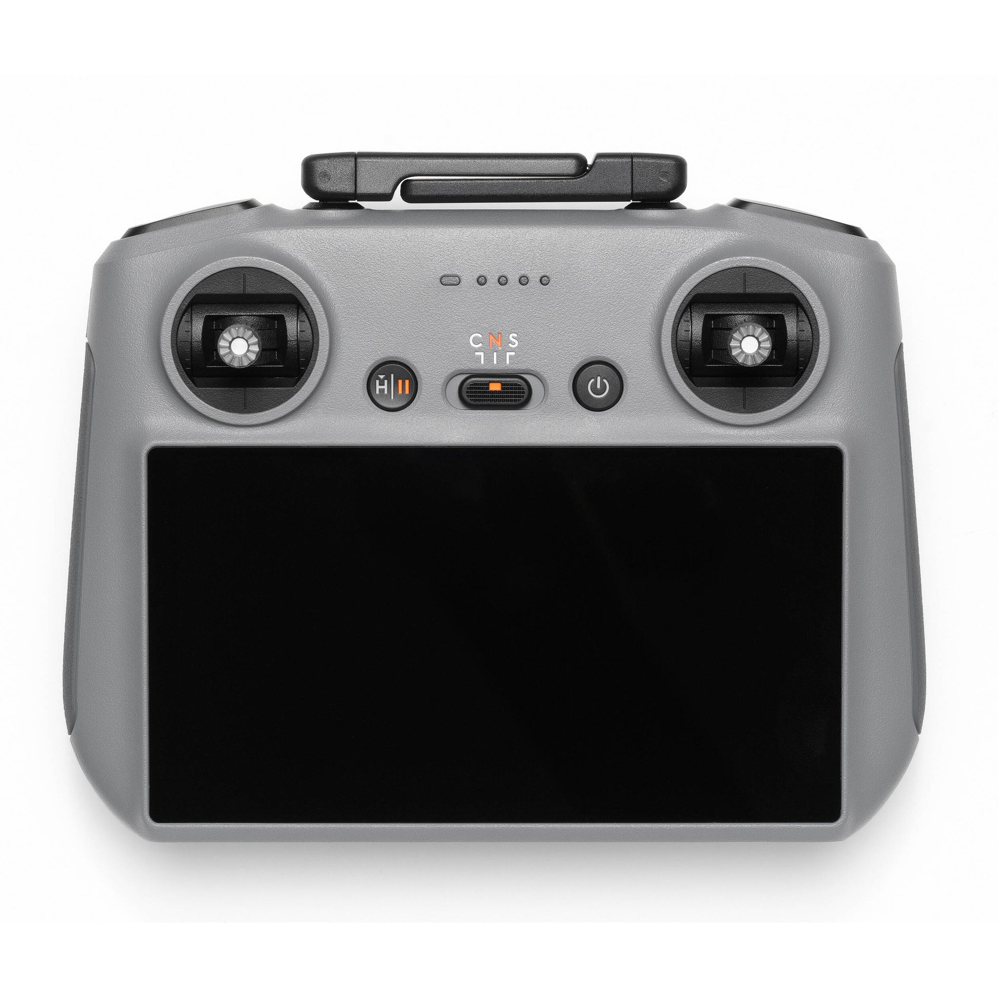 Gray drone remote control with screen and buttons on a white background