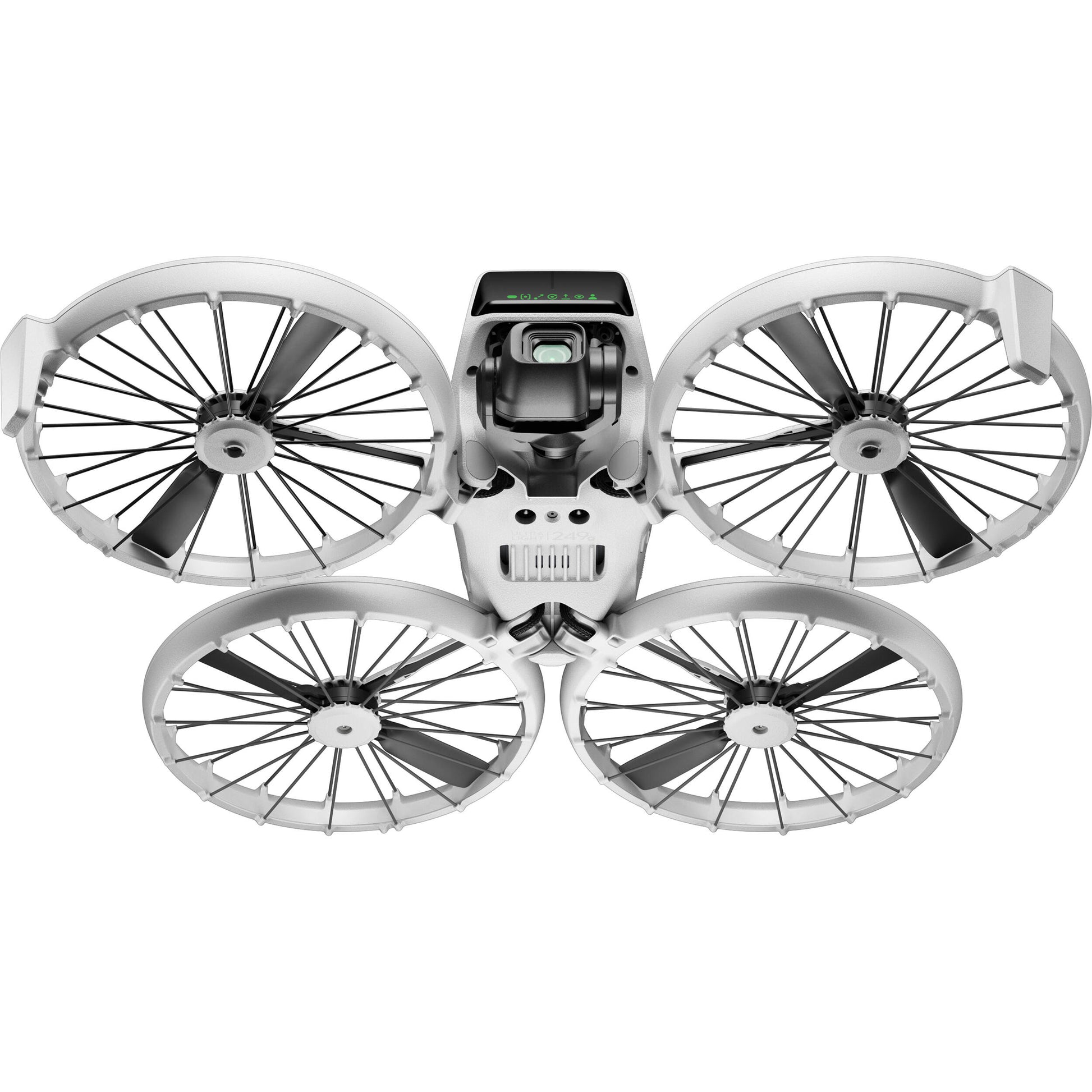 White drone with four rotor blades on a white background