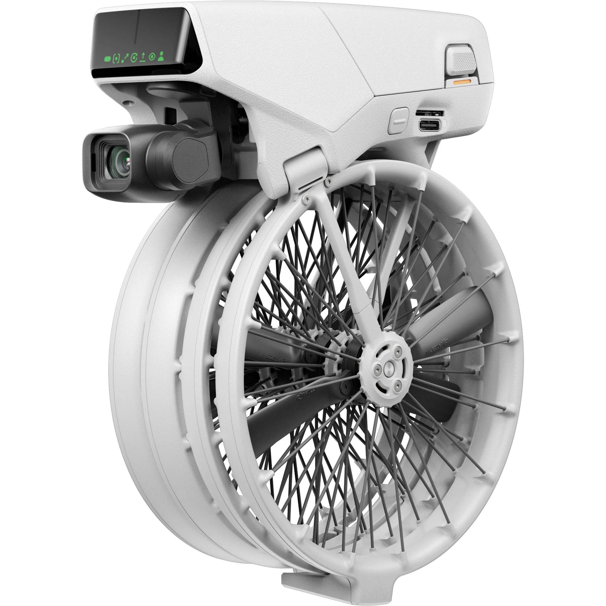 White drone with electronic components on a white background