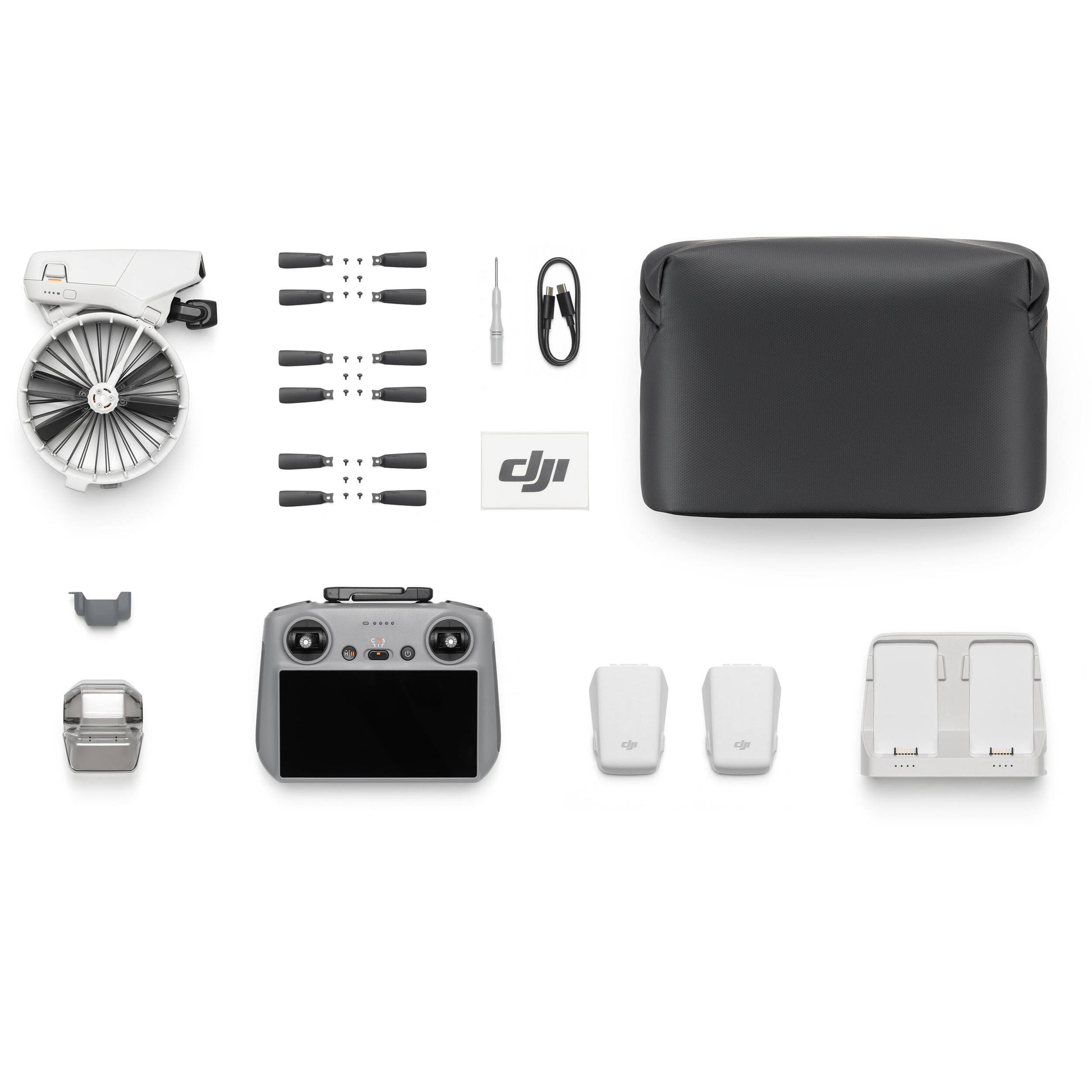 Collection of drone parts and accessories on a white background