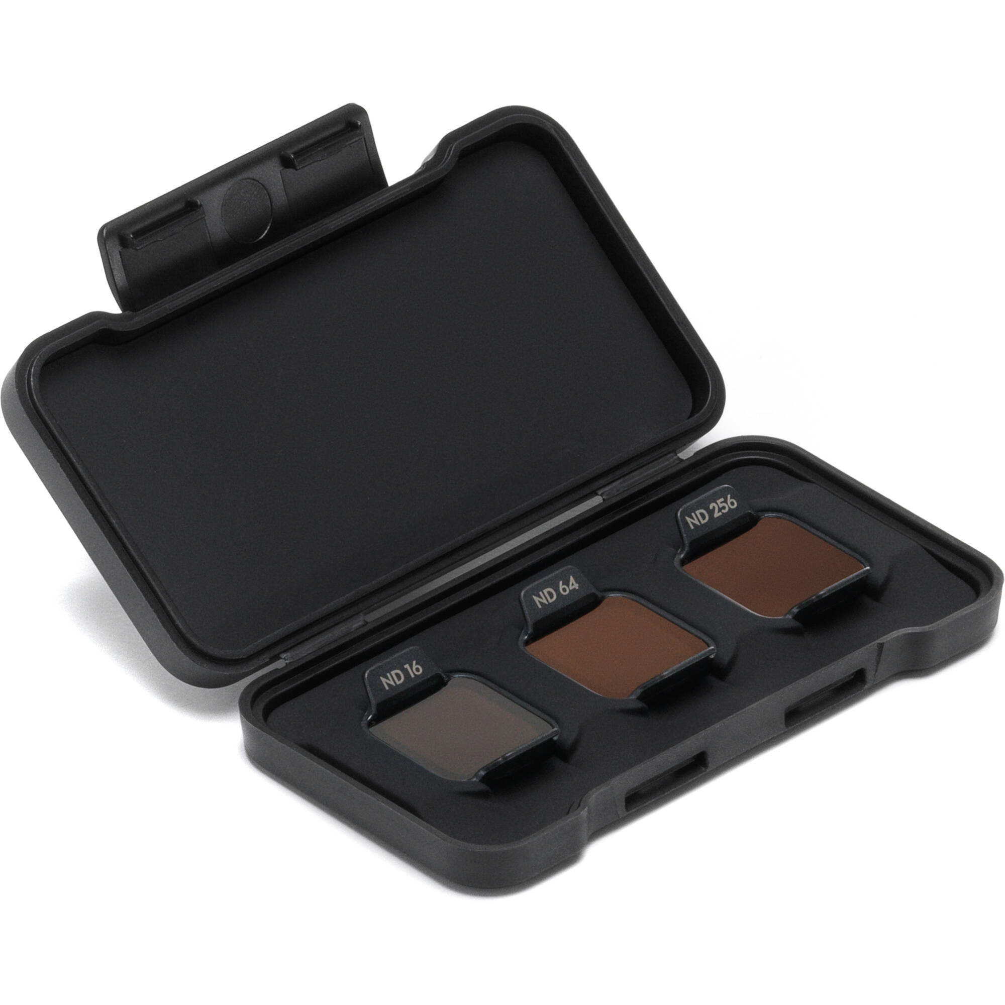 A set of three square DJI Avata 2 ND filters are displayed inside a small, black case.