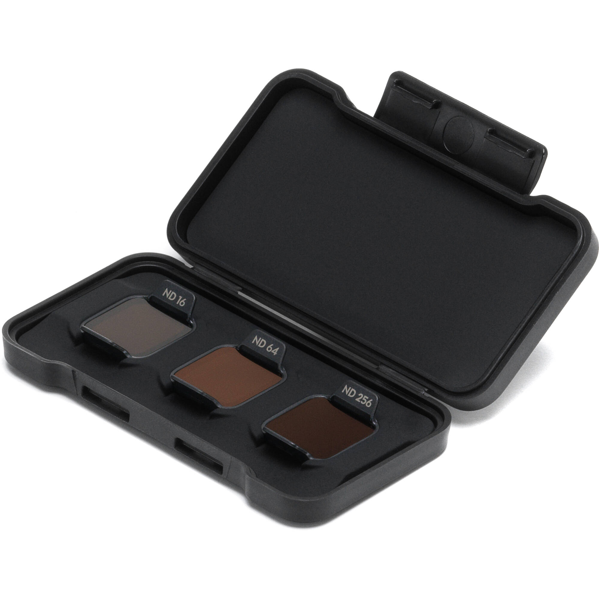A set of three square DJI Avata 2 ND filters are displayed inside a small, black case.