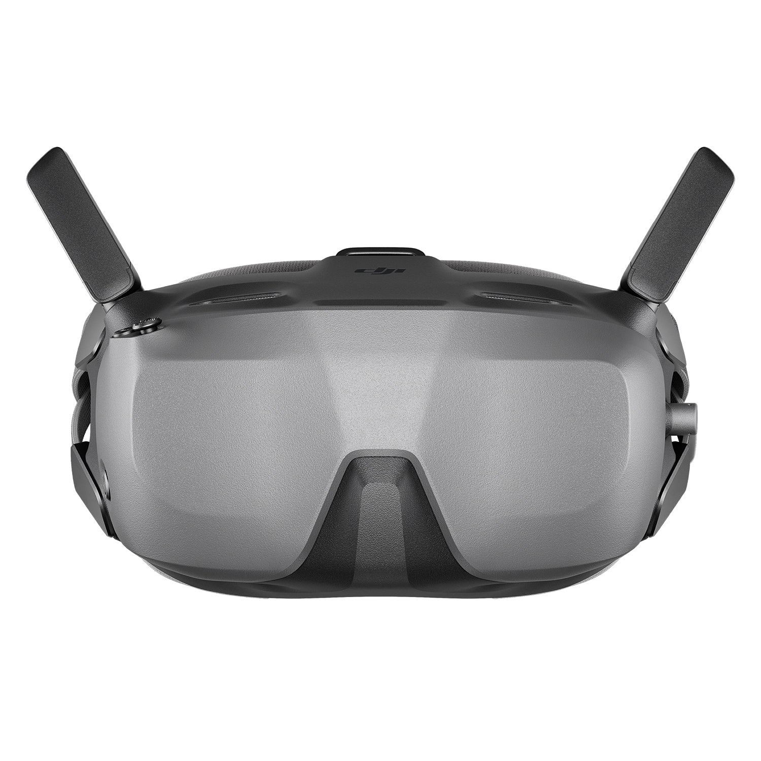 A pair of black DJI FPV Goggles is shown, with two adjustable antennas on top.
