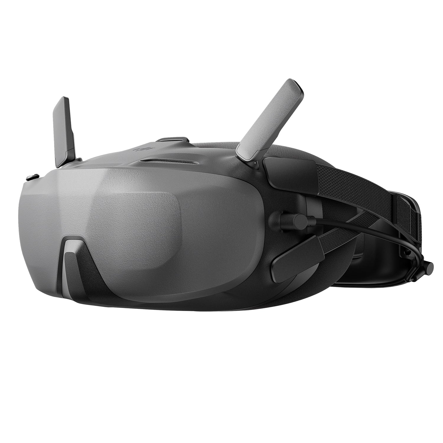 A pair of black DJI FPV Goggles is shown, with two adjustable antennas on top.