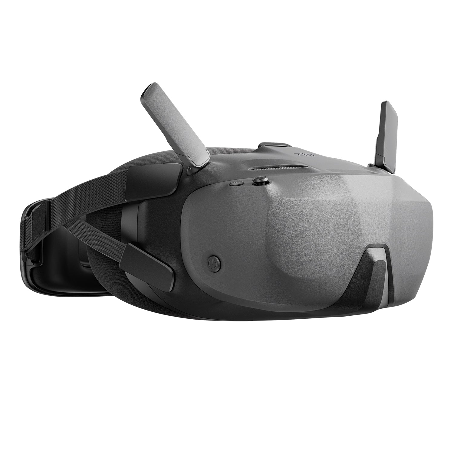 A pair of black DJI FPV Goggles is shown, with two adjustable antennas on top.