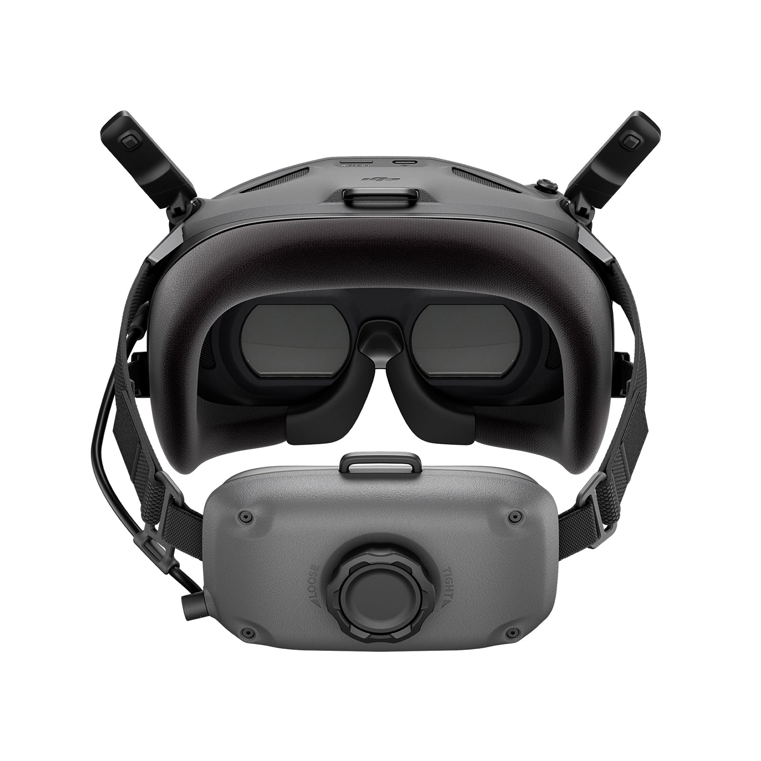 A pair of black DJI FPV Goggles is shown, with two adjustable antennas on top.