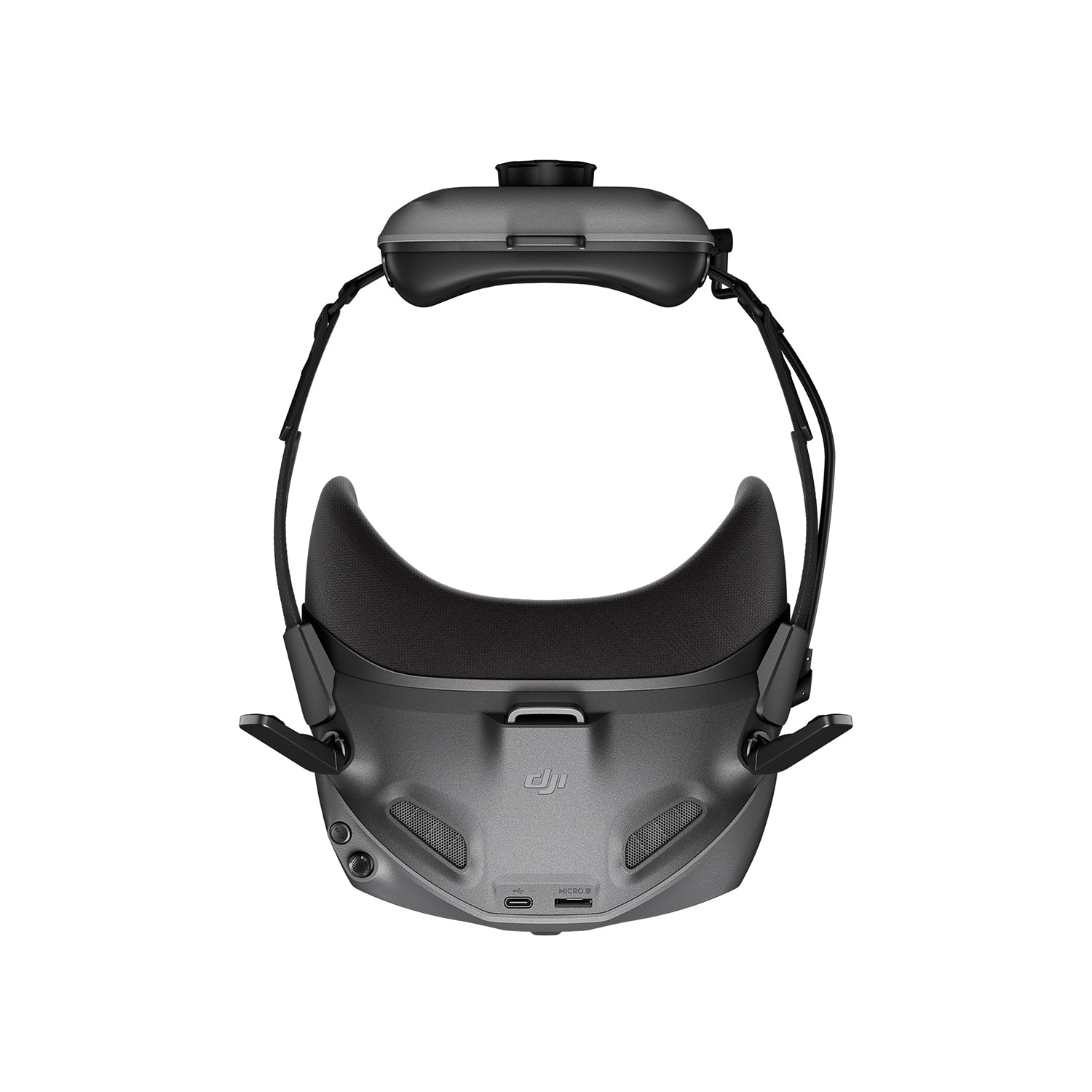 A pair of black DJI FPV Goggles is shown, with two adjustable antennas on top.