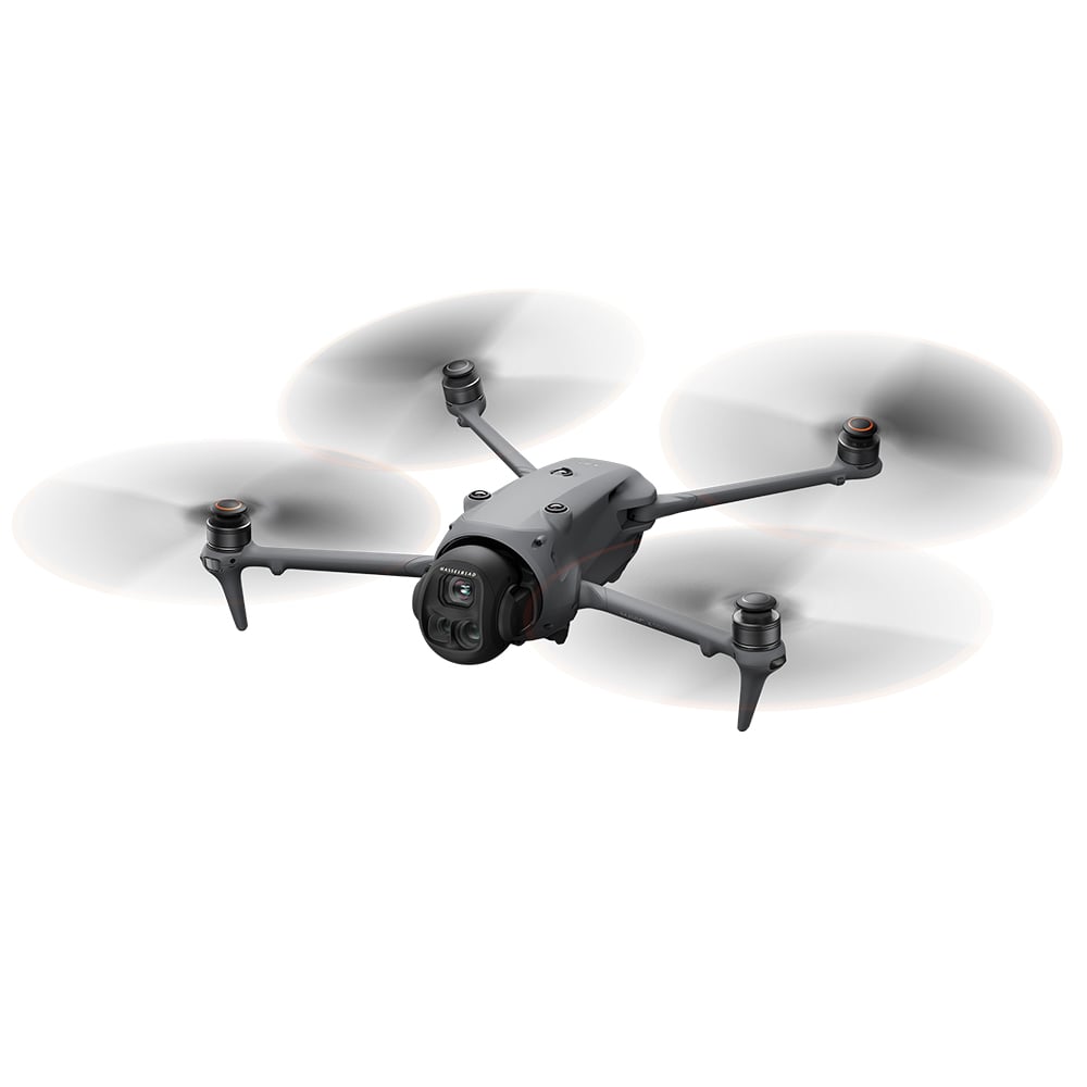 A grey DJI Mavic 4 Pro drone is shown from the front with its four arms extended and its triple-camera system visible