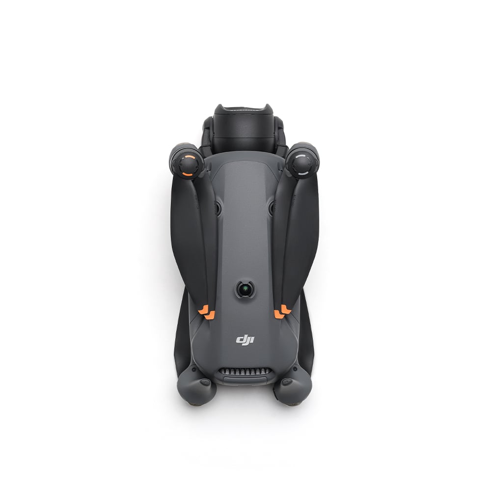 A grey DJI Mavic 4 Pro drone is shown from the front with its four arms extended and its triple-camera system visible