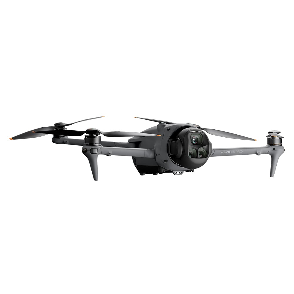 A grey DJI Mavic 4 Pro drone is shown from the front with its four arms extended and its triple-camera system visible
