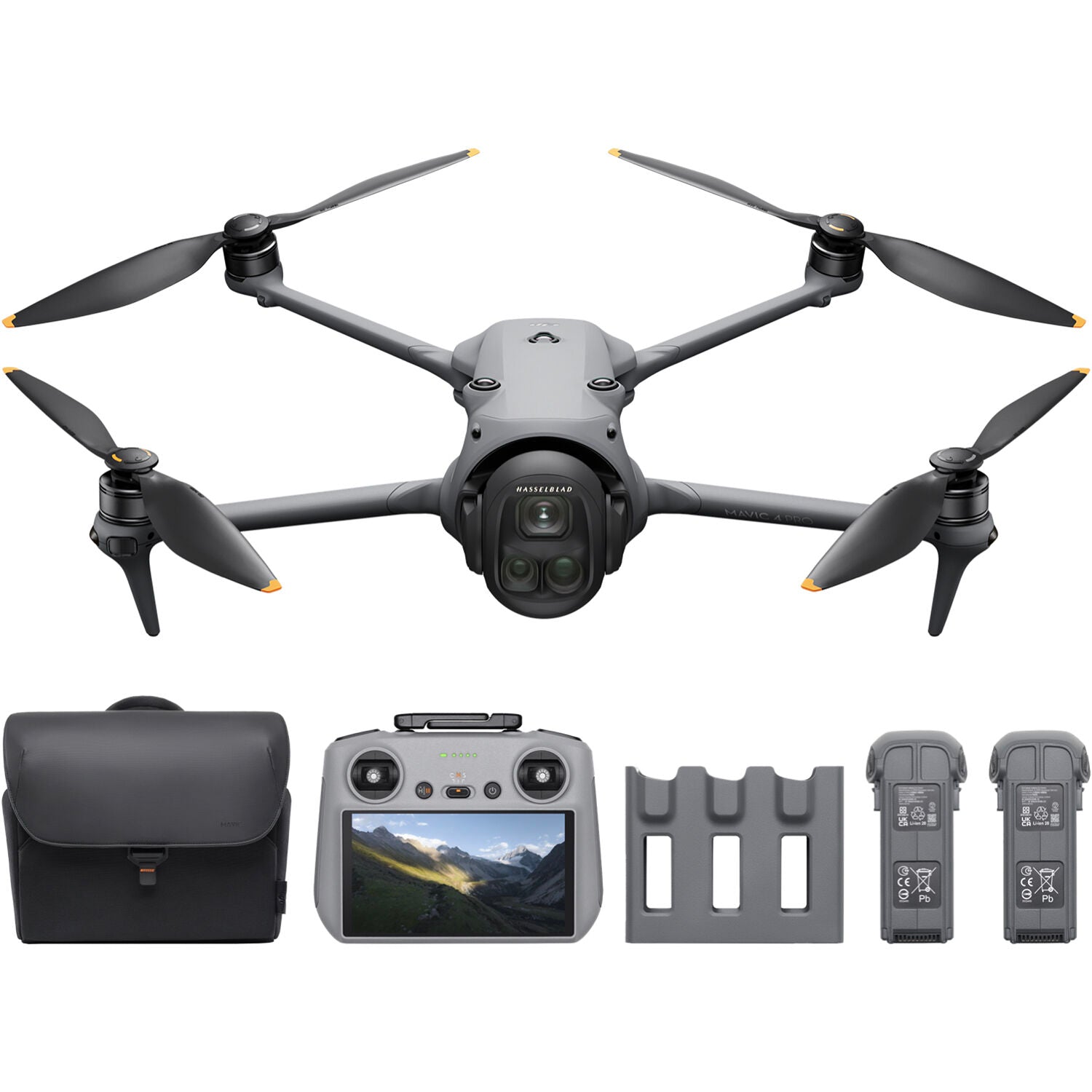 A grey DJI Mavic 4 Pro drone is shown from the front with its four arms extended and its triple-camera system visible