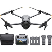 A grey DJI Mavic 4 Pro drone is shown from the front with its four arms extended and its triple-camera system visible