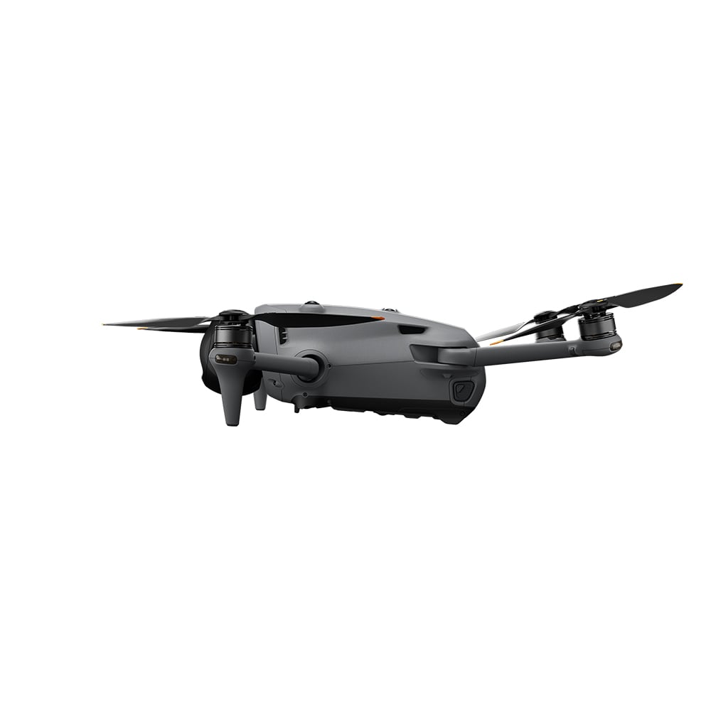 A grey DJI Mavic 4 Pro drone is shown from the front with its four arms extended and its triple-camera system visible