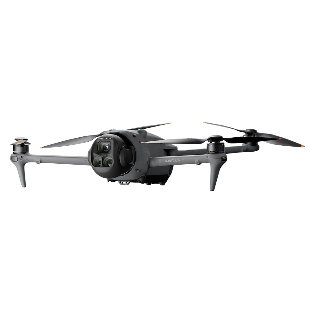 A grey DJI Mavic 4 Pro drone is shown from the front with its four arms extended and its triple-camera system visible