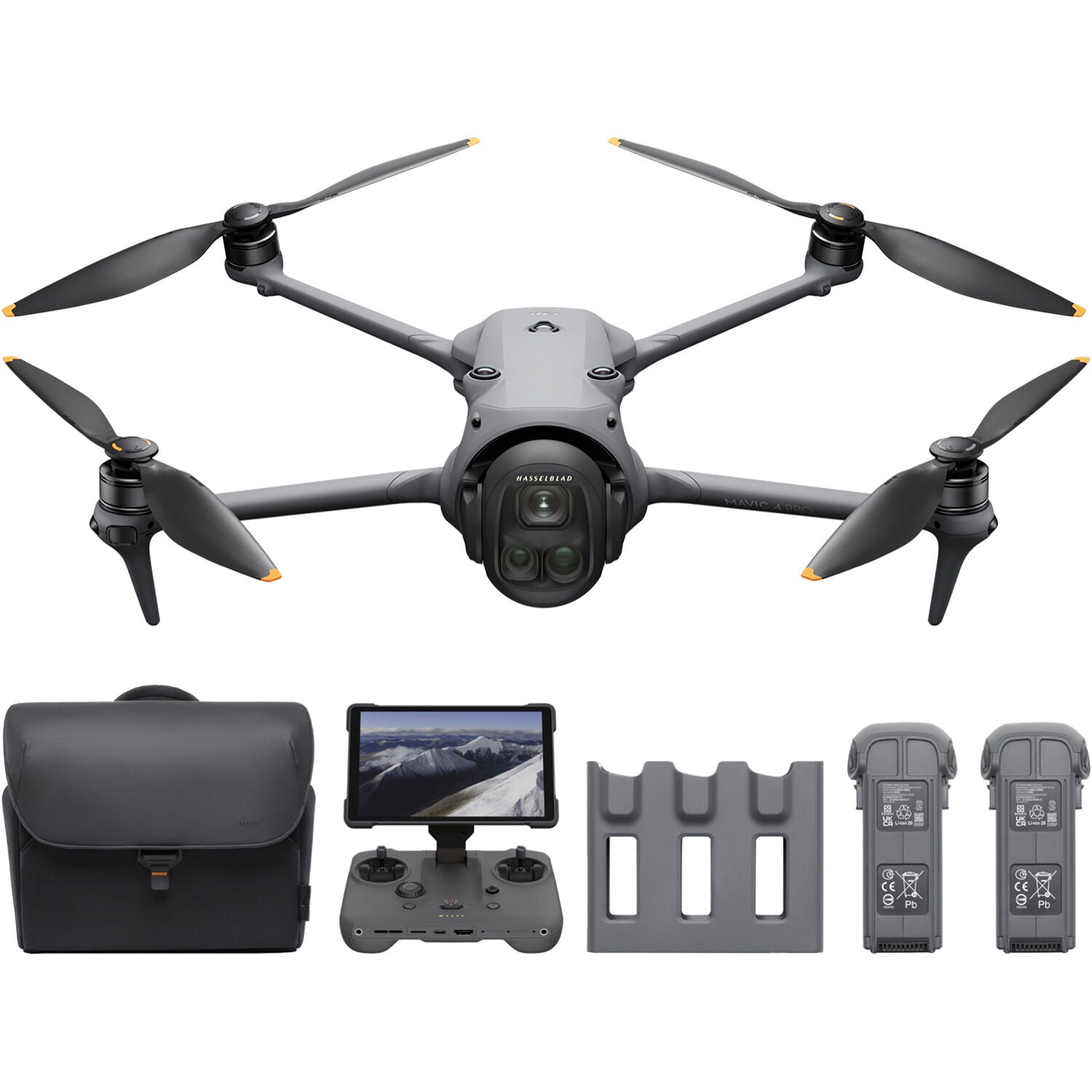 High-resolution image of the DJI Mavic 4 Pro drone 512GB Creator Combo featuring a triple-camera system including a 100MP Hasselblad camera, dual telephoto lenses, and a 360° rotating gimba