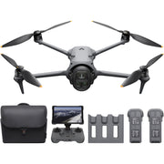 High-resolution image of the DJI Mavic 4 Pro drone 512GB Creator Combo featuring a triple-camera system including a 100MP Hasselblad camera, dual telephoto lenses, and a 360° rotating gimba