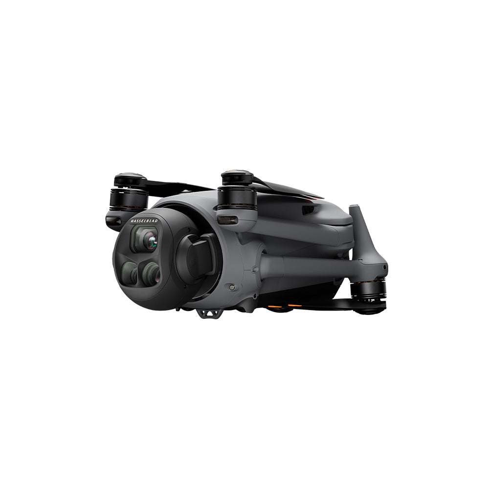 High-resolution image of the DJI Mavic 4 Pro drone 512GB Creator Combo featuring a triple-camera system including a 100MP Hasselblad camera, dual telephoto lenses, and a 360° rotating gimba
