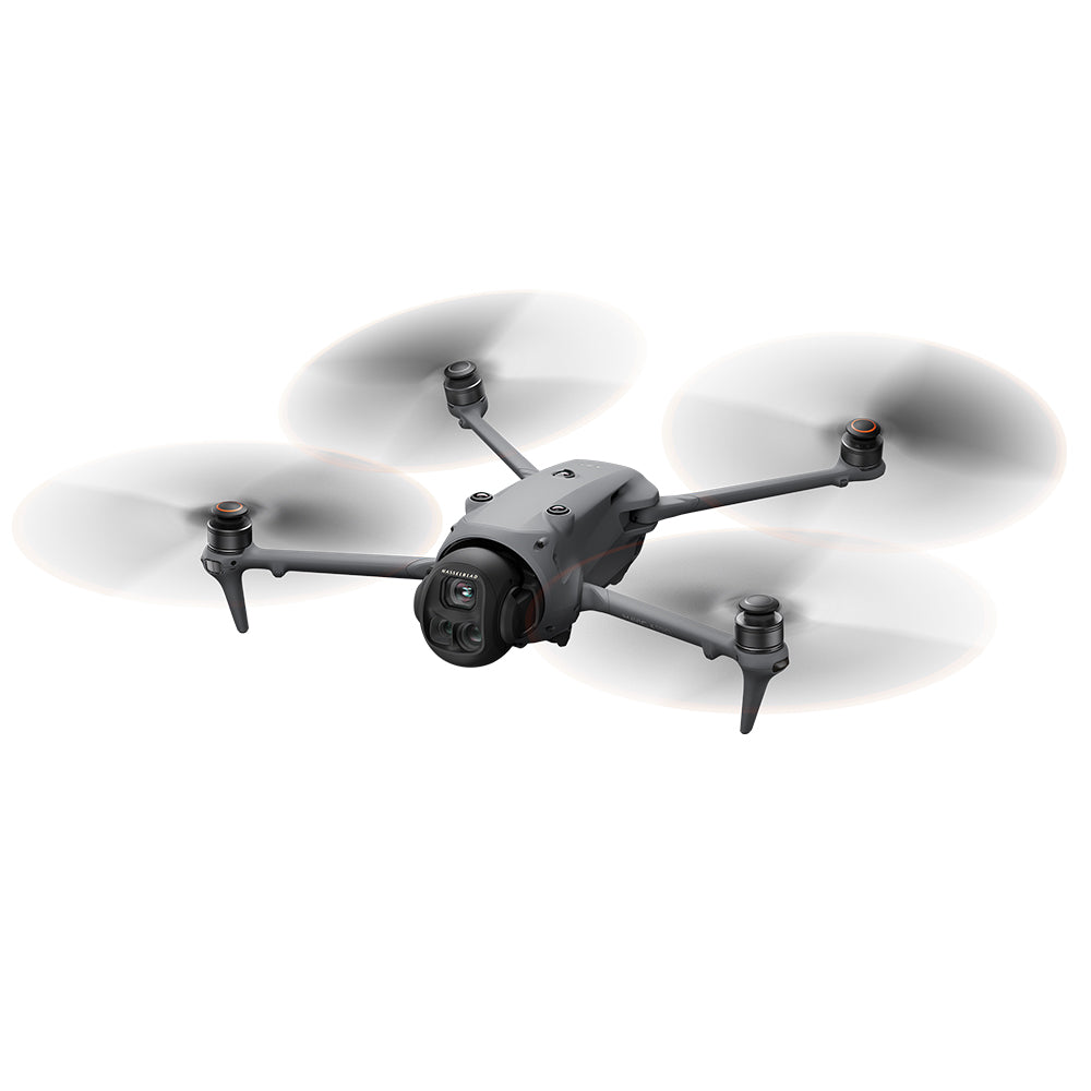 High-resolution image of the DJI Mavic 4 Pro drone 512GB Creator Combo featuring a triple-camera system including a 100MP Hasselblad camera, dual telephoto lenses, and a 360° rotating gimba