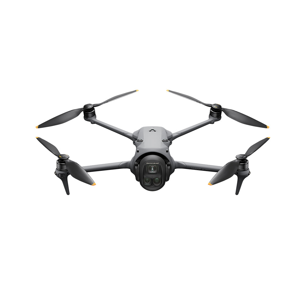 High-resolution image of the DJI Mavic 4 Pro drone 512GB Creator Combo featuring a triple-camera system including a 100MP Hasselblad camera, dual telephoto lenses, and a 360° rotating gimba