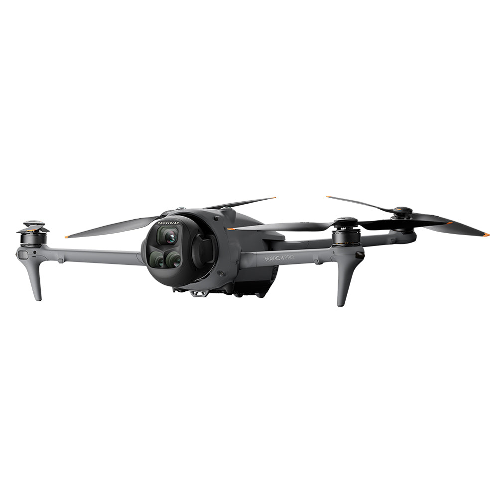High-resolution image of the DJI Mavic 4 Pro drone 512GB Creator Combo featuring a triple-camera system including a 100MP Hasselblad camera, dual telephoto lenses, and a 360° rotating gimba
