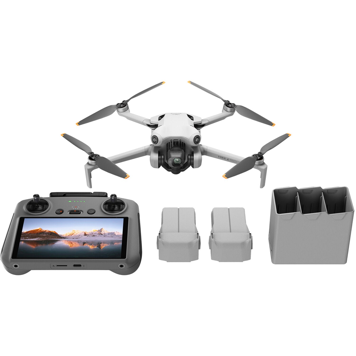 DJI Mini 4 Pro Fly More Combo drone with RC2 controller, featuring a lightweight design under 249g, 4K/60fps HDR video capability, omnidirectional obstacle sensing, and advanced tracking features