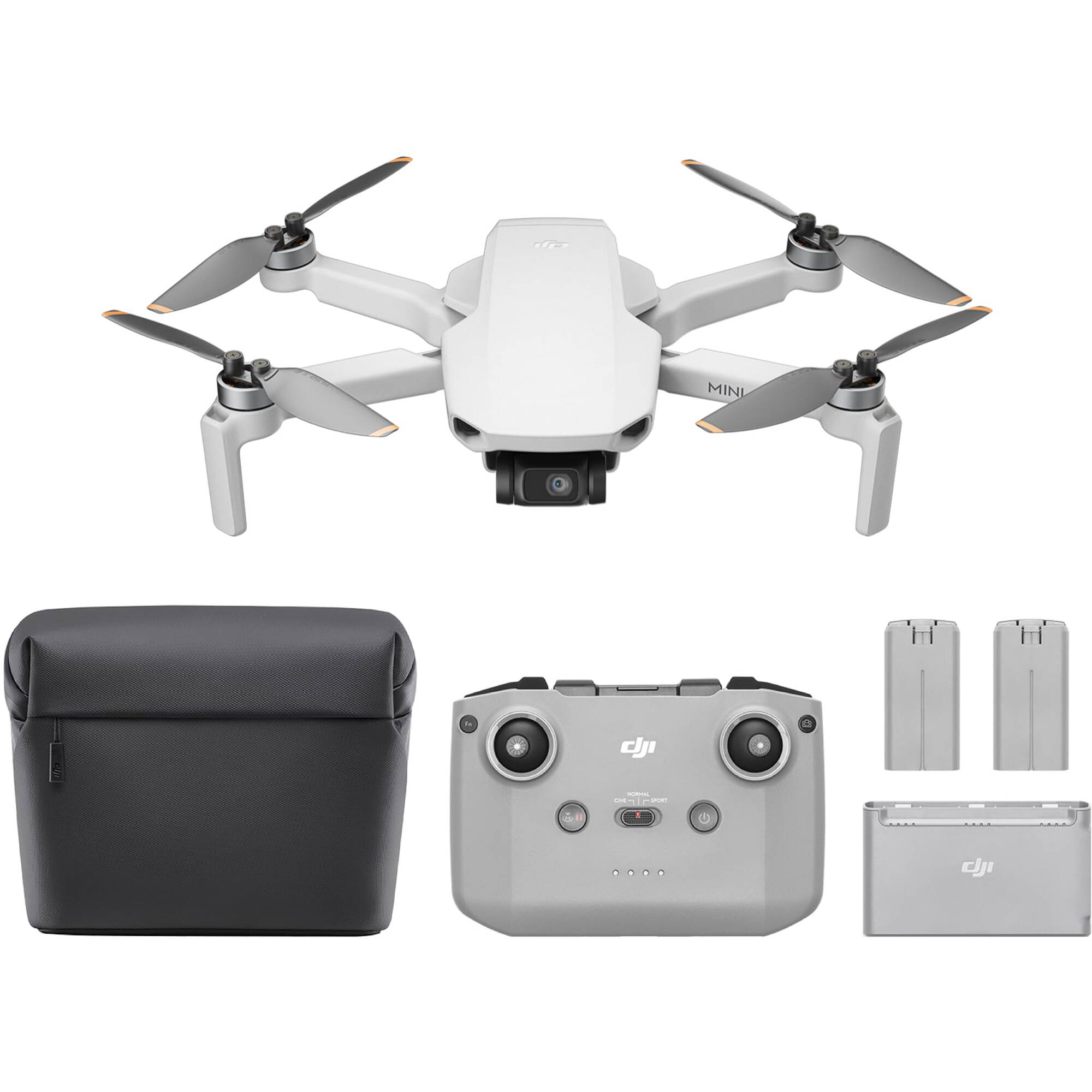 DJI Mini 4 K Fly More Combo — foldable camera drone with controller, three batteries, charging hub, shoulder bag, spare props, and accessories laid out.