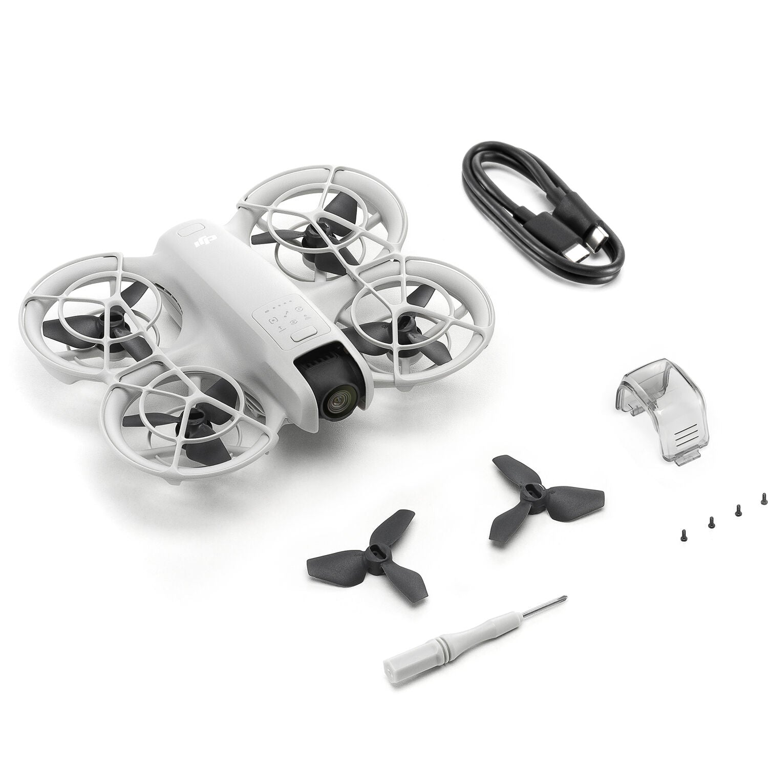 White drone with propellers and tools on a white background