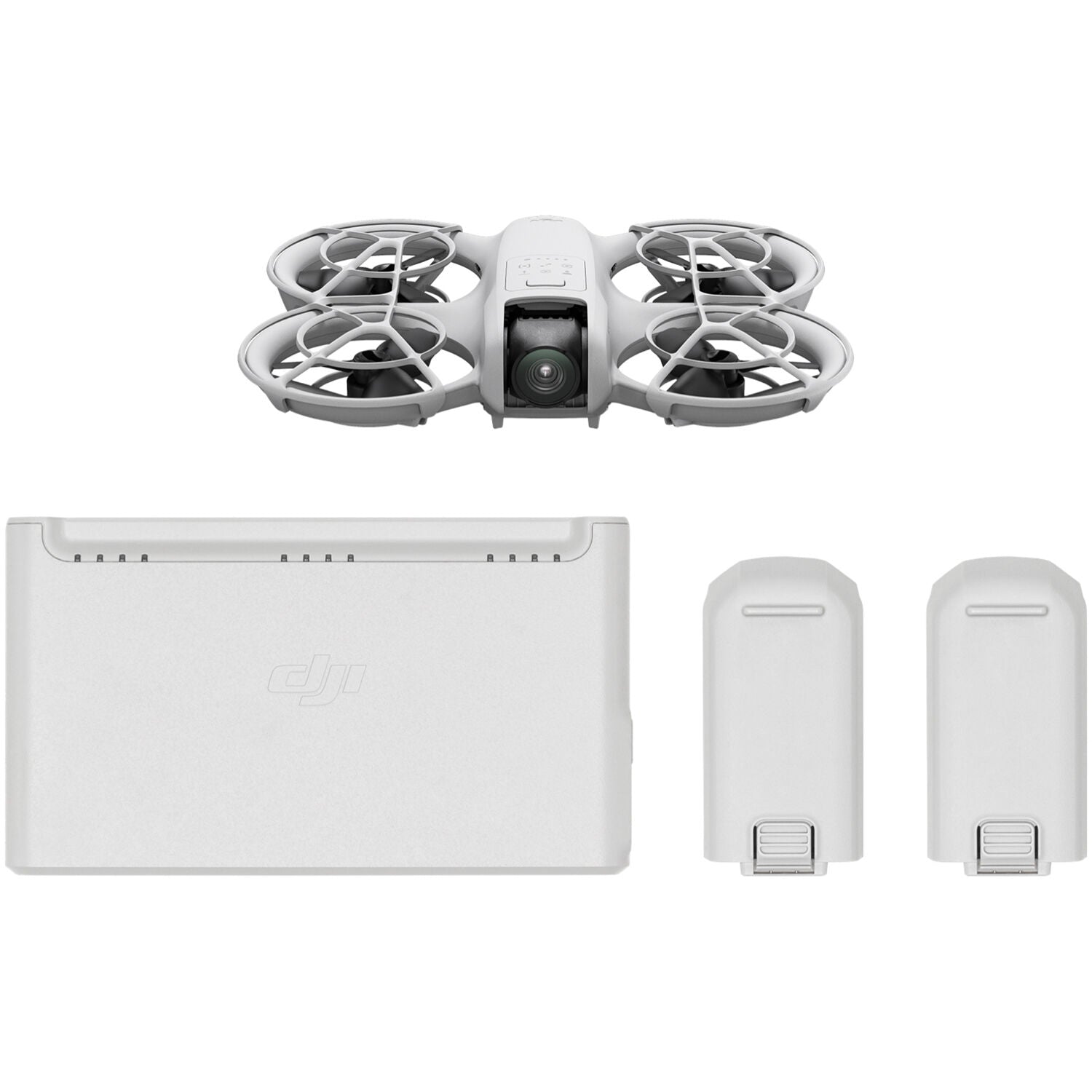 White drone with accessories on a white background