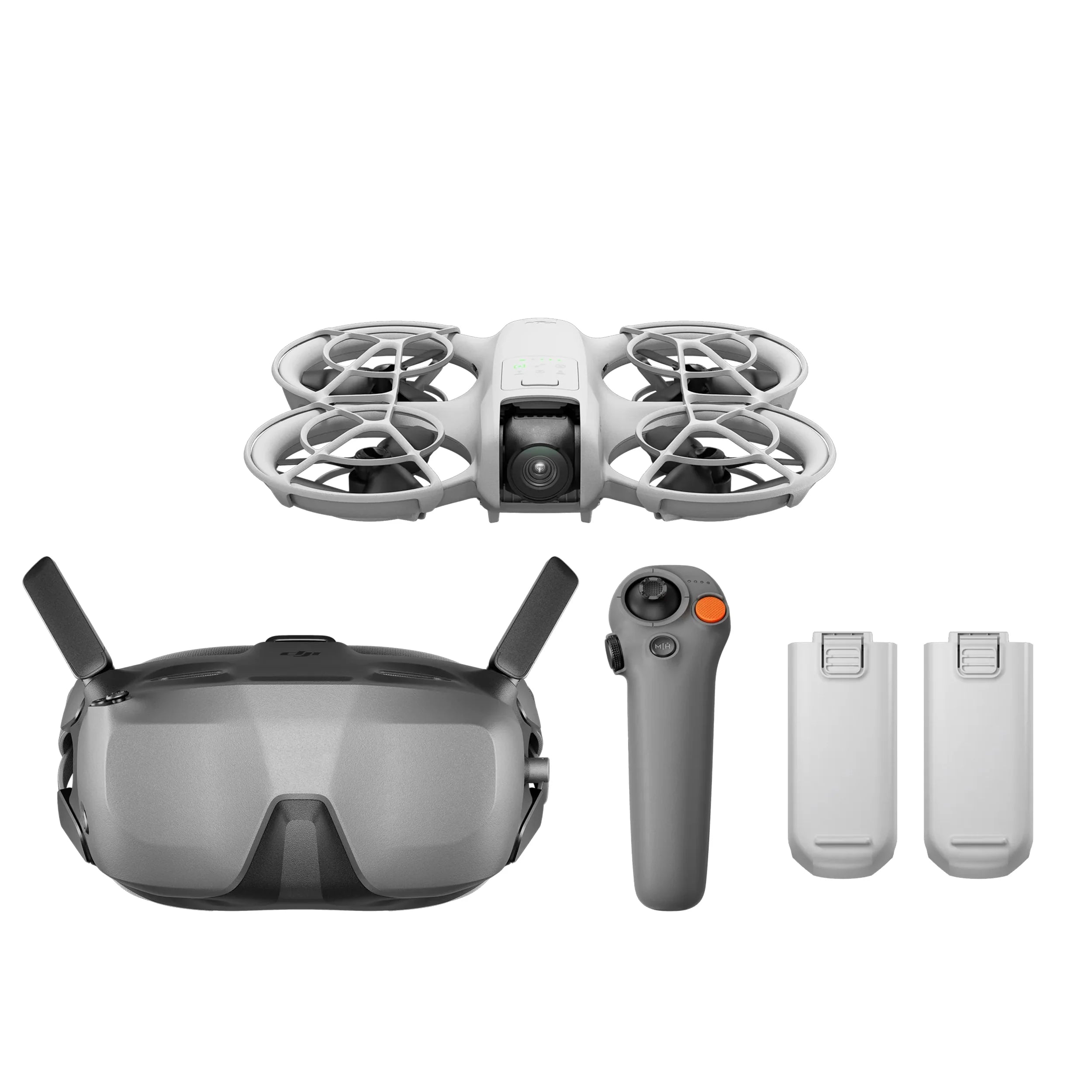 Drone set with goggles, remote control, and batteries on a white background