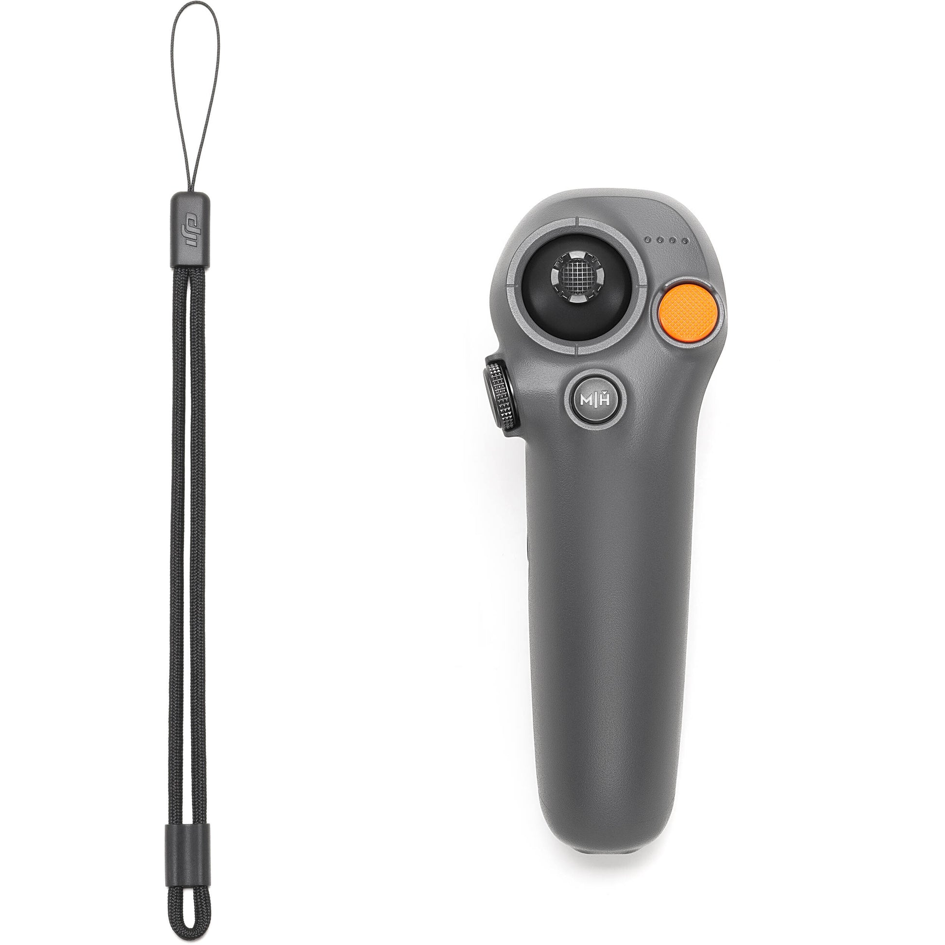 Gray handheld remote with a lanyard on a white background