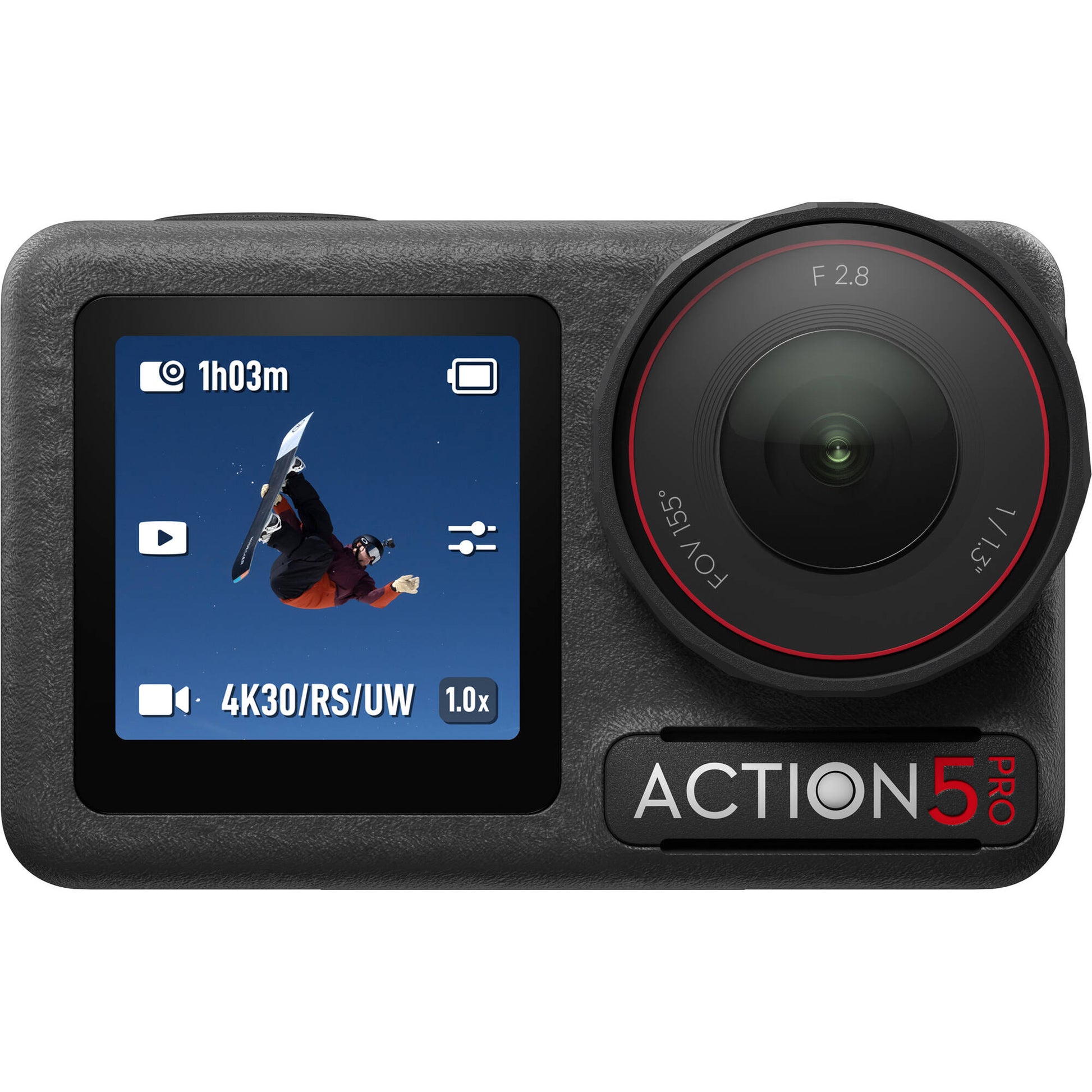 DJI Osmo Action 5 Pro action camera with both front and rear OLED touchscreens, shown alongside three Extreme Battery Plus cells, a multifunctional charging rod/extension pole, and a protective carry case—presented as the complete Adventure Combo kit.