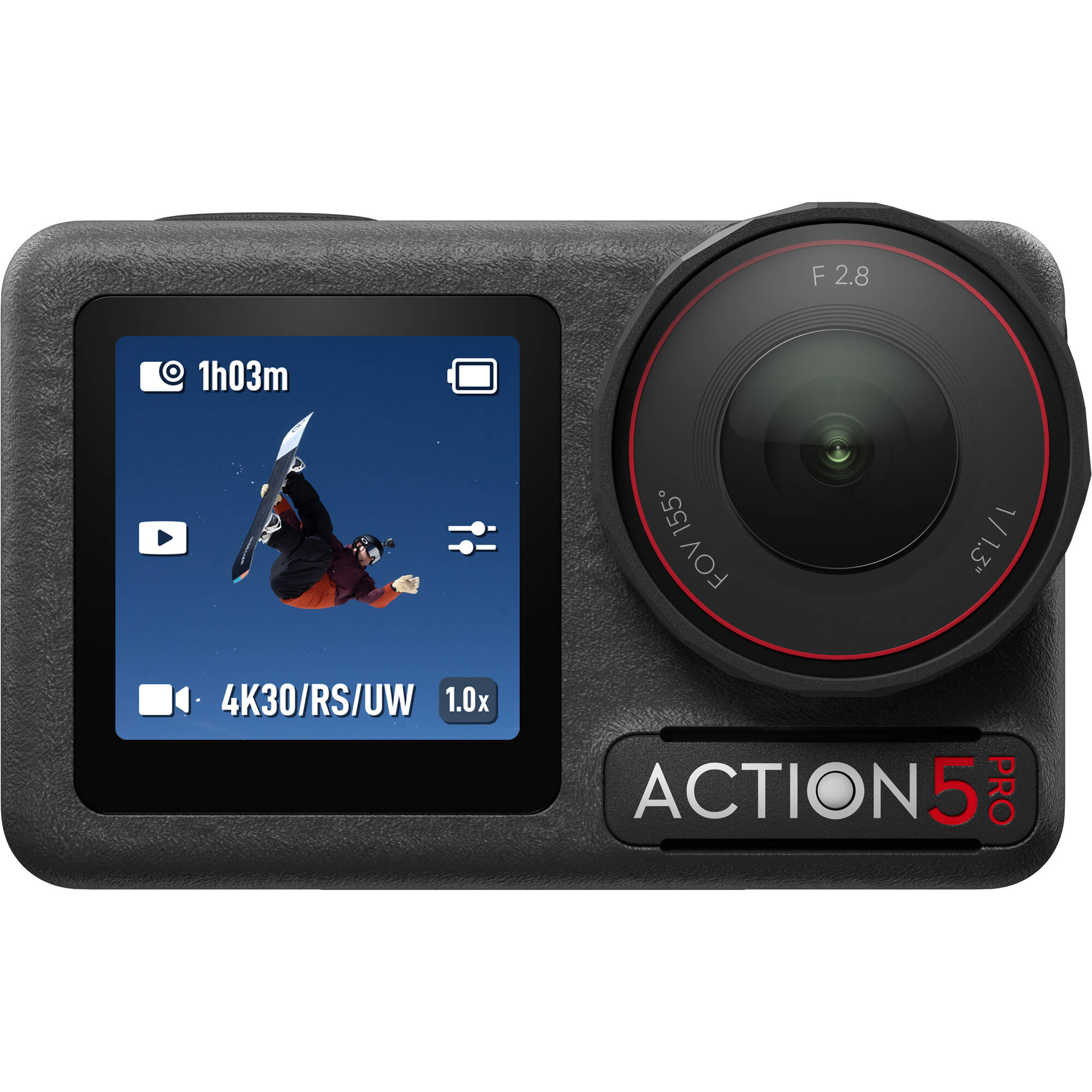 DJI Osmo Action 5 Pro action camera with both front and rear OLED touchscreens, shown alongside three Extreme Battery Plus cells, a multifunctional charging rod/extension pole, and a protective carry case—presented as the complete Adventure Combo kit.