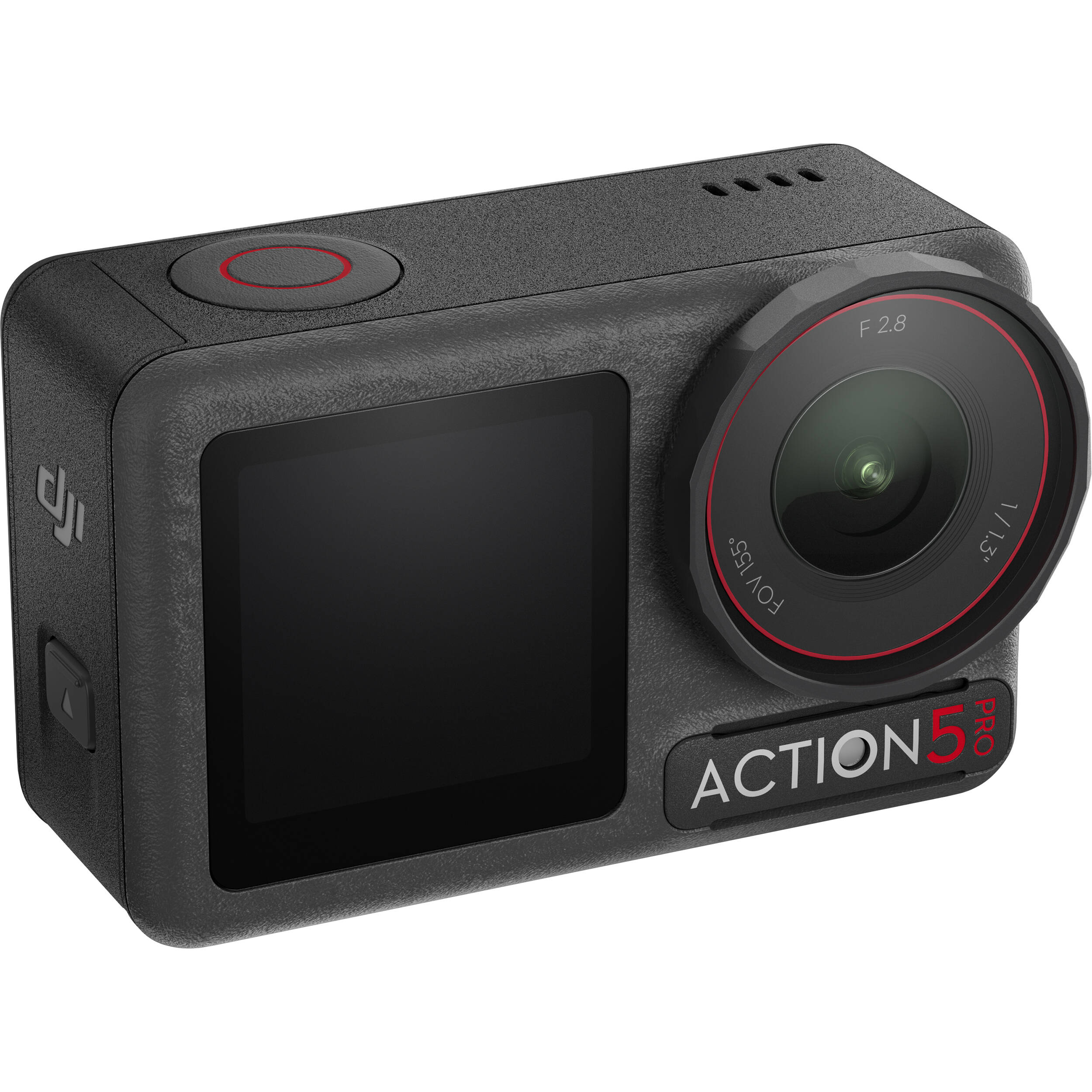 DJI Osmo Action 5 Pro action camera with both front and rear OLED touchscreens, shown alongside three Extreme Battery Plus cells, a multifunctional charging rod/extension pole, and a protective carry case—presented as the complete Adventure Combo kit.
