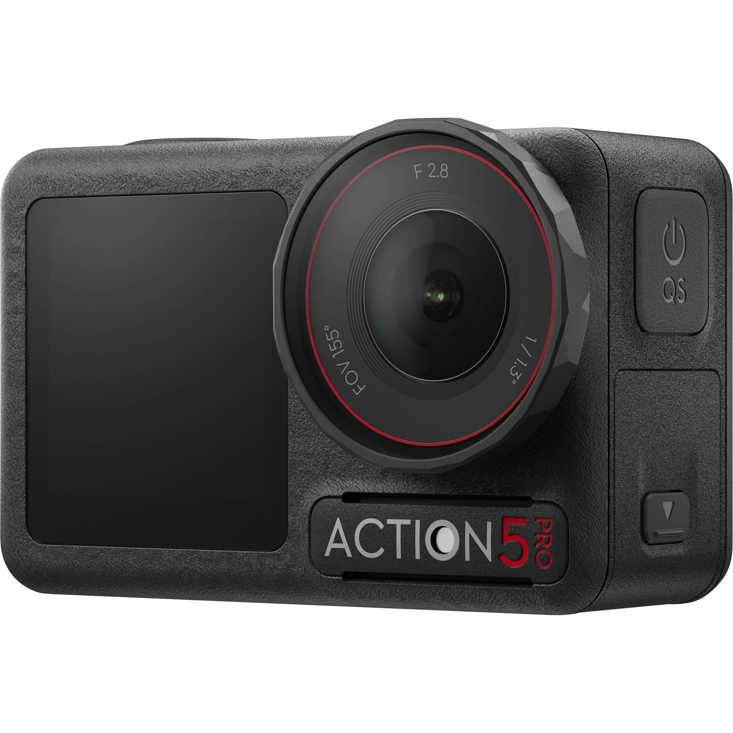 DJI Osmo Action 5 Pro action camera with both front and rear OLED touchscreens, shown alongside three Extreme Battery Plus cells, a multifunctional charging rod/extension pole, and a protective carry case—presented as the complete Adventure Combo kit.