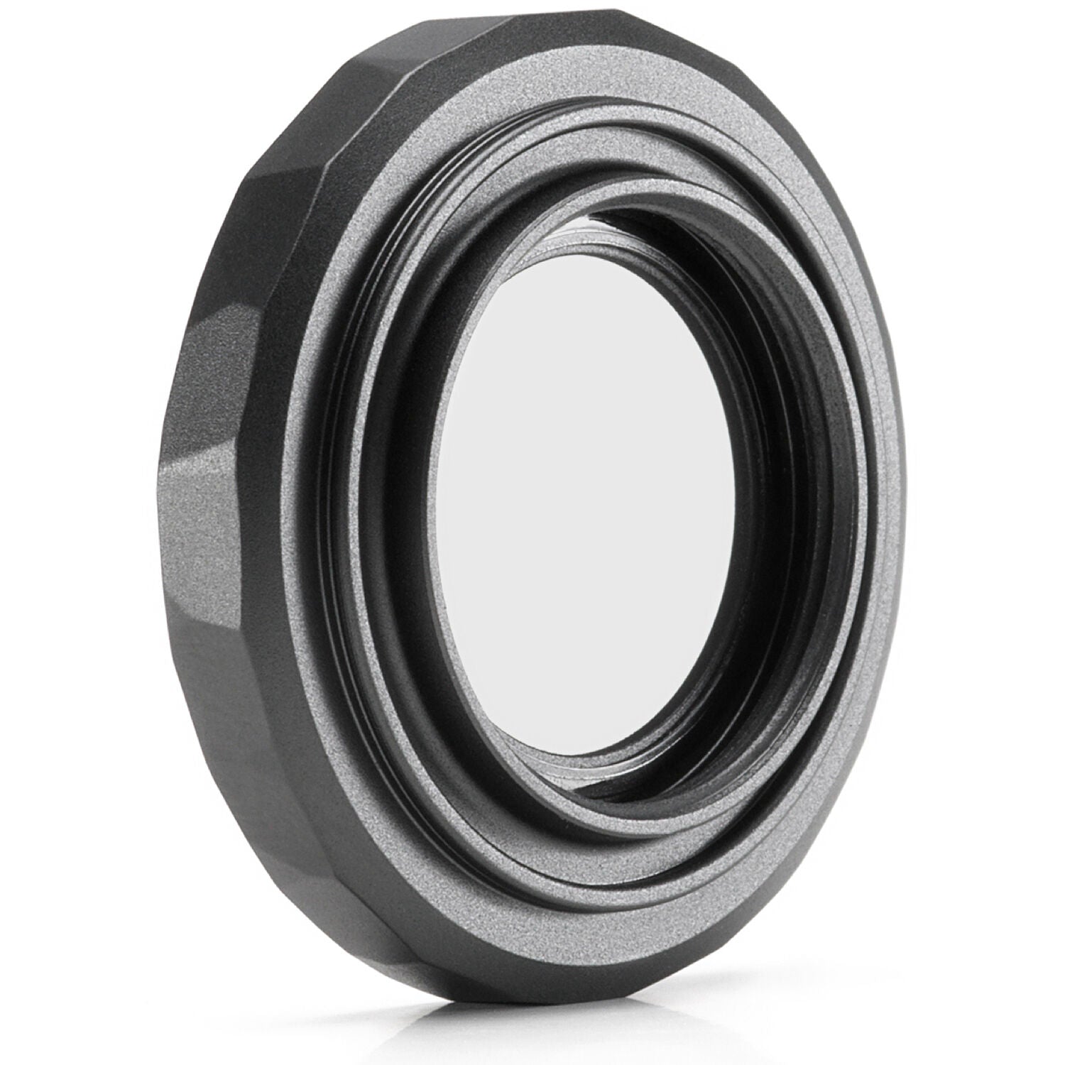 DJI Osmo Action 5 Pro glass lens cover — thin circular high-strength glass protector with hydrophobic AF coating beside an Osmo Action 5 Pro camera.