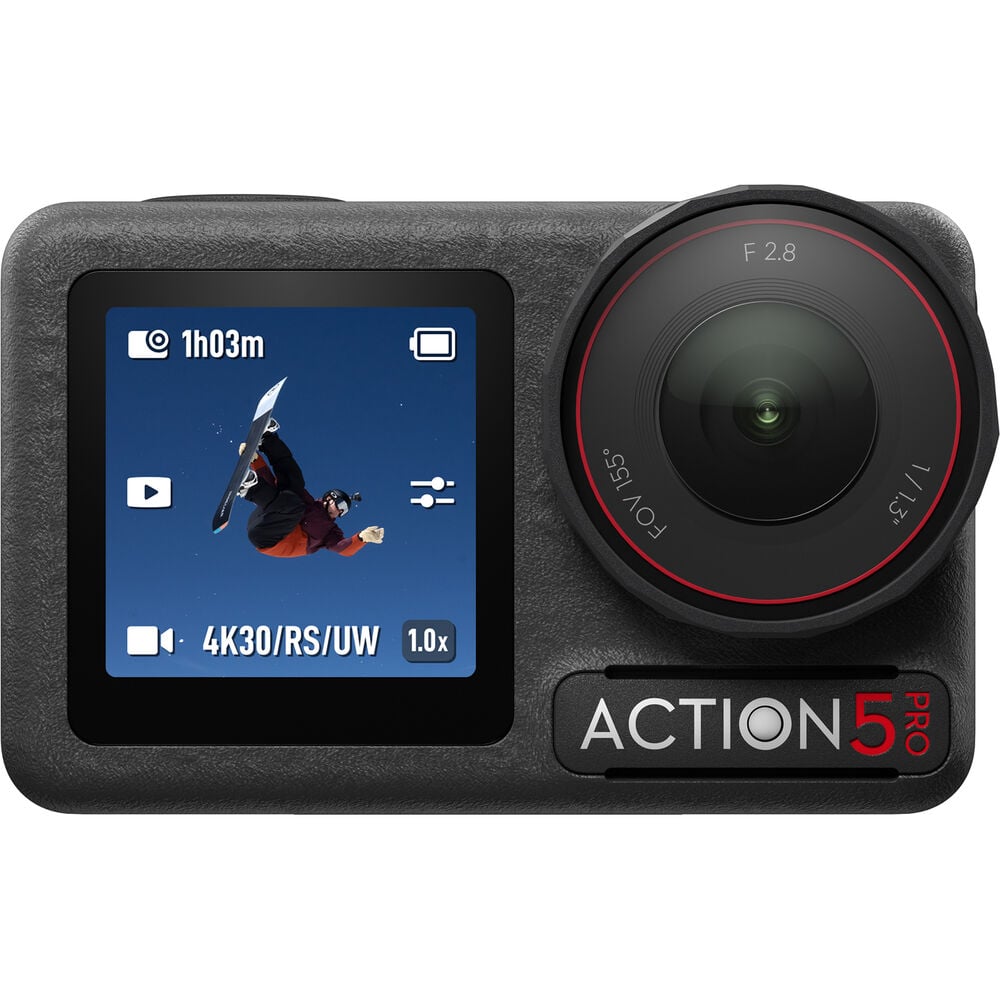 DJI Osmo Action 5 Pro action camera with front and rear OLED touchscreens, shown with included mounting accessories and protective case.