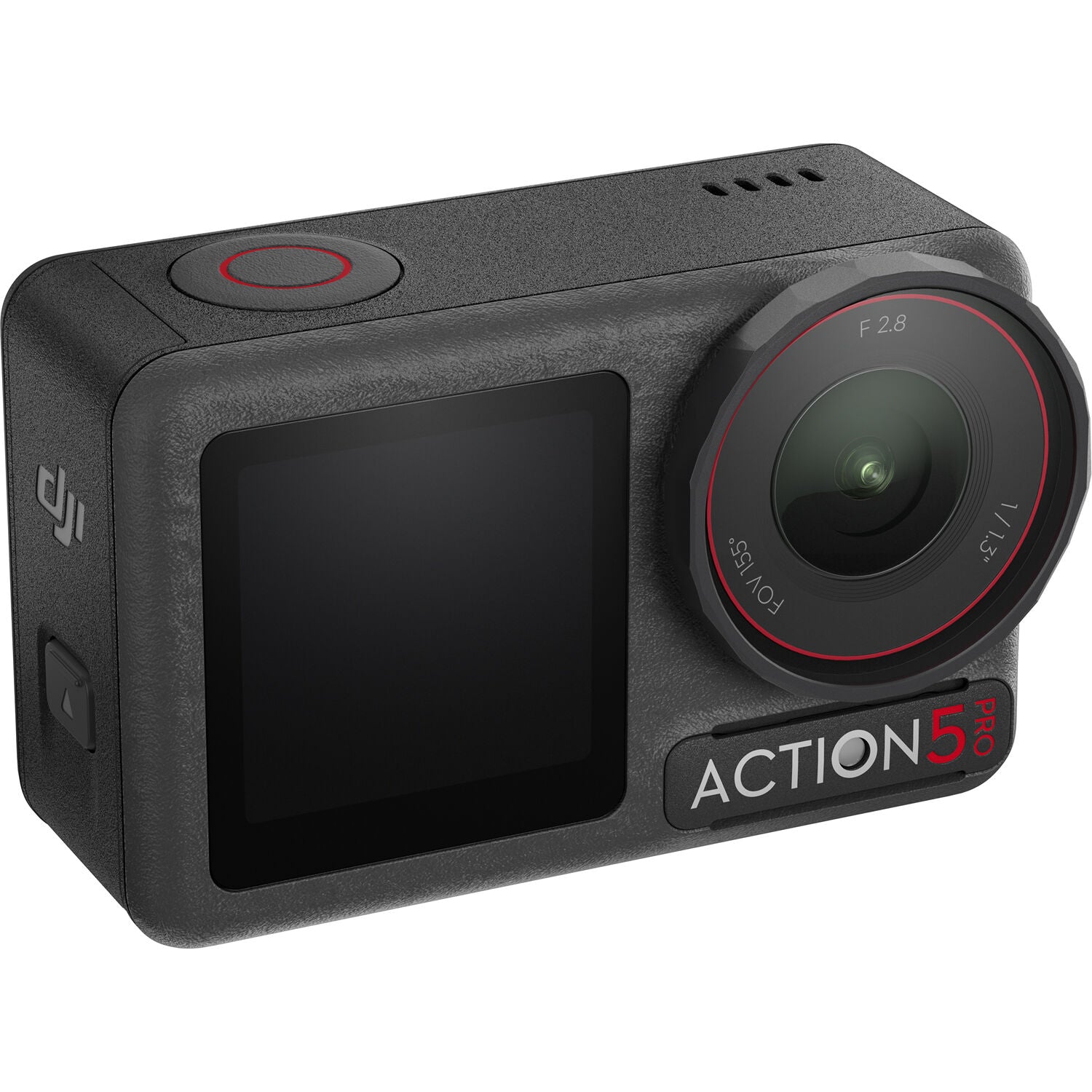 DJI Osmo Action 5 Pro action camera with front and rear OLED touchscreens, shown with included mounting accessories and protective case.