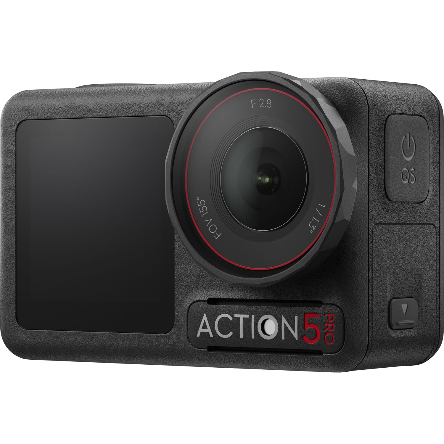 DJI Osmo Action 5 Pro action camera with front and rear OLED touchscreens, shown with included mounting accessories and protective case.