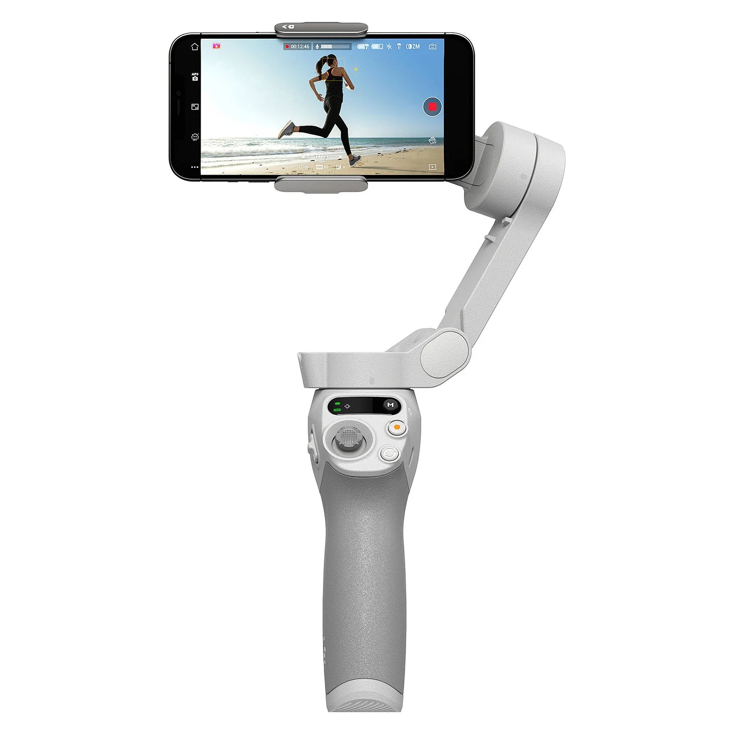 Smartphone held in a gimbal on a white background
