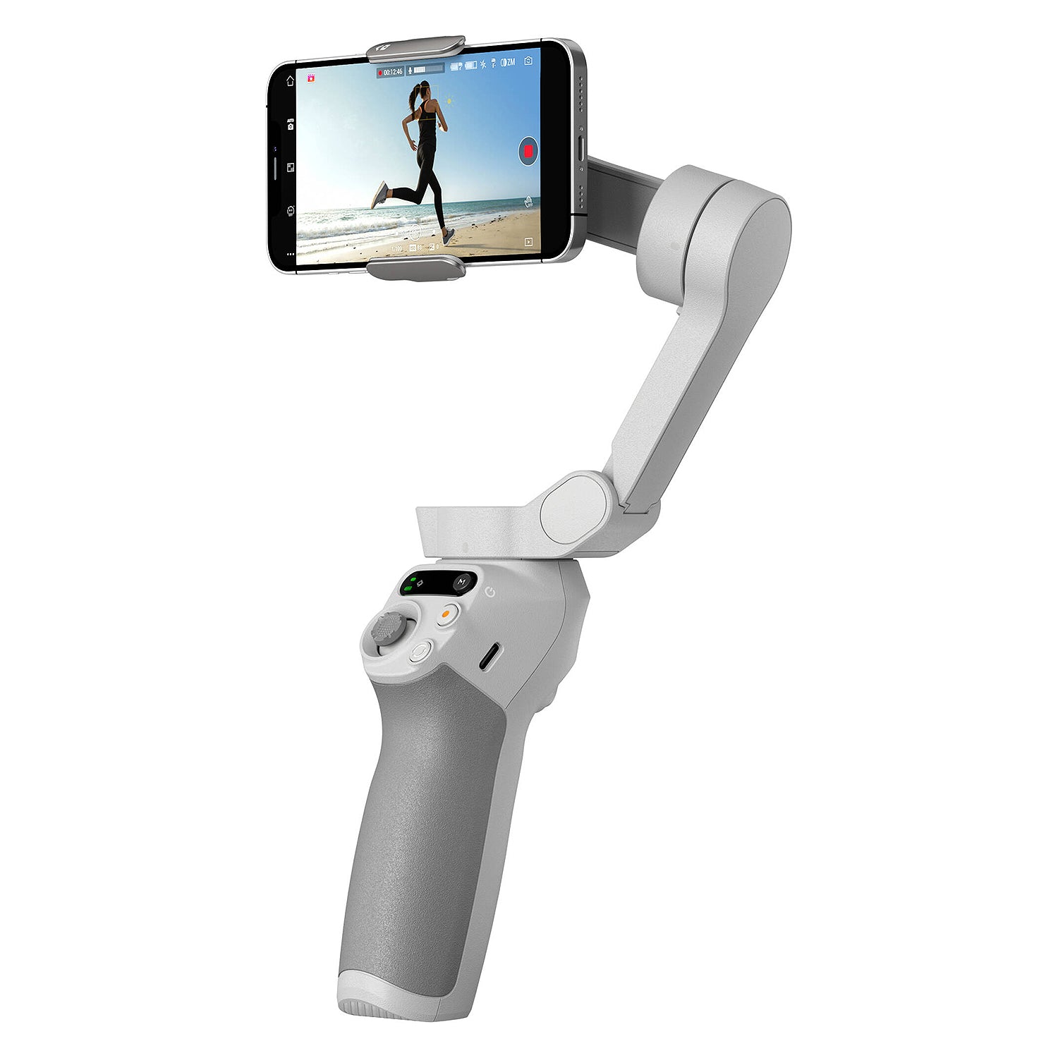 Handheld smartphone gimbal with phone attached on a white background