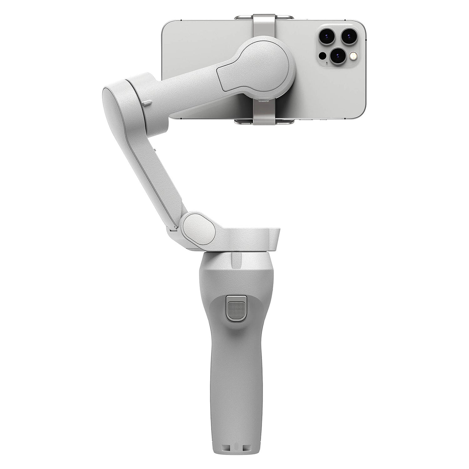 Phone gimbal stabilizer with smartphone attached on a white background